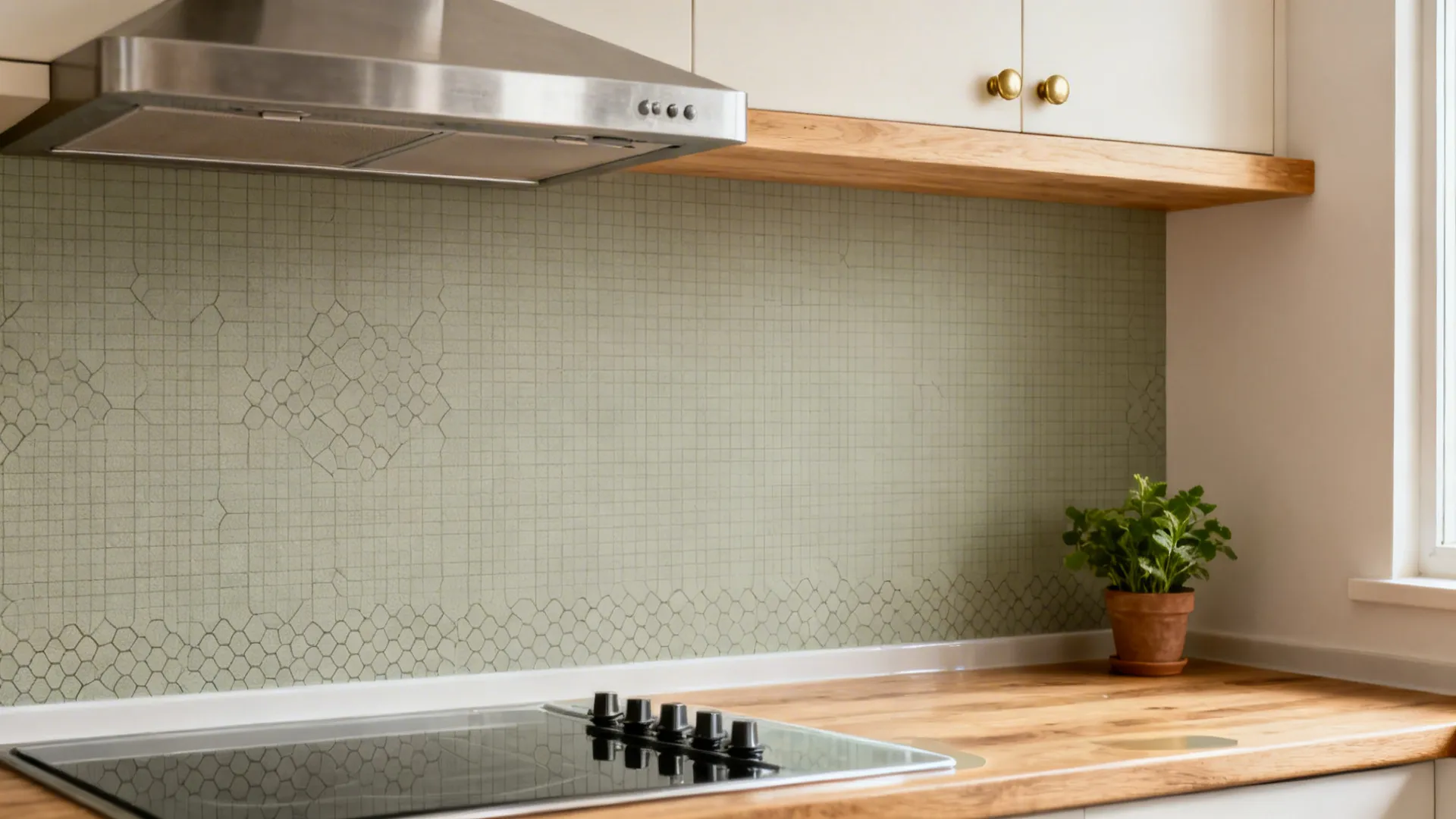Modern kitchen with green tiled wall wooden countertop white cabinets and a silver stove exhaust fan