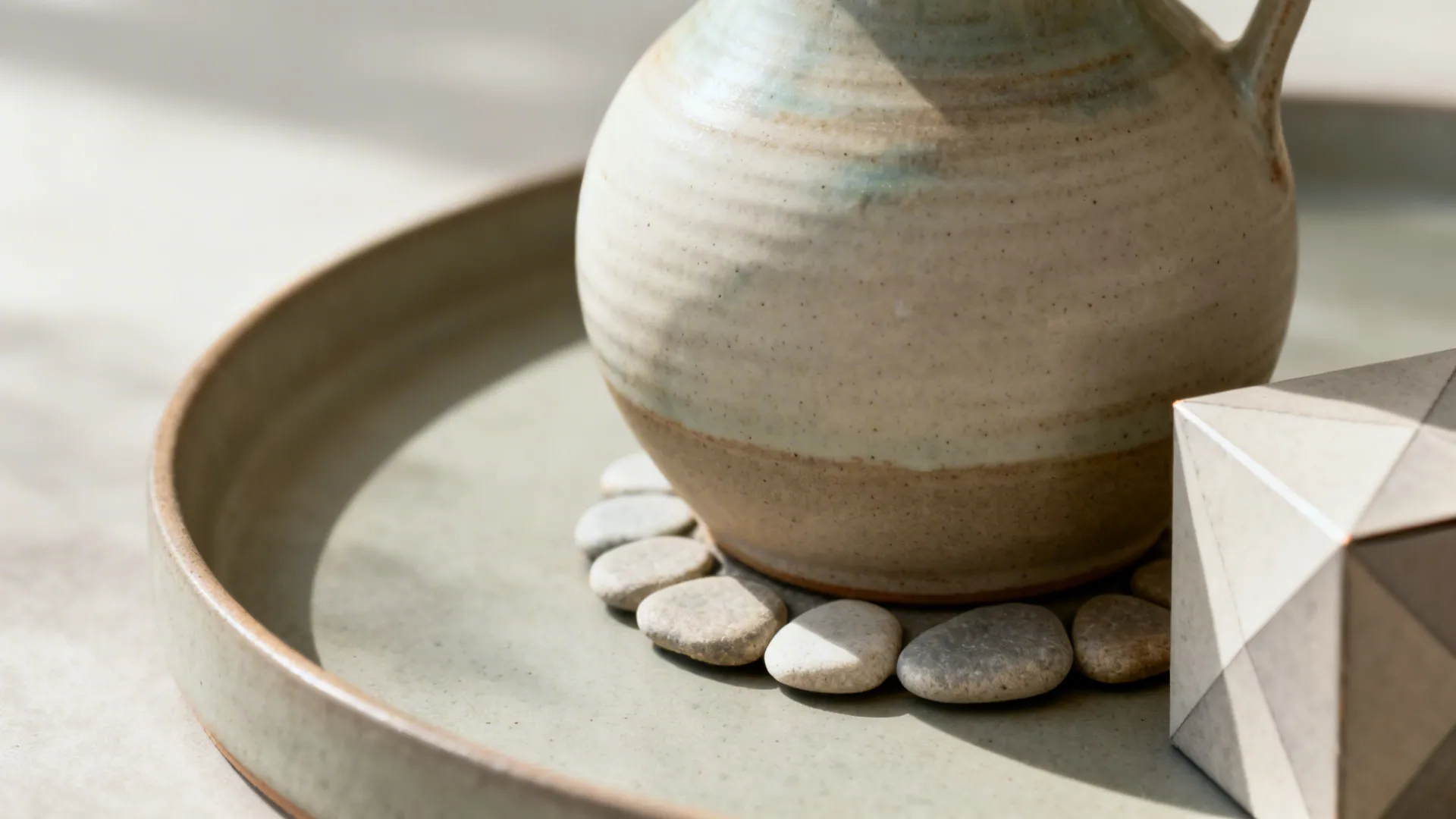 Close-up of an organic ceramic vase, pebble coaster, and a faceted box on a round tray highlighting textures.