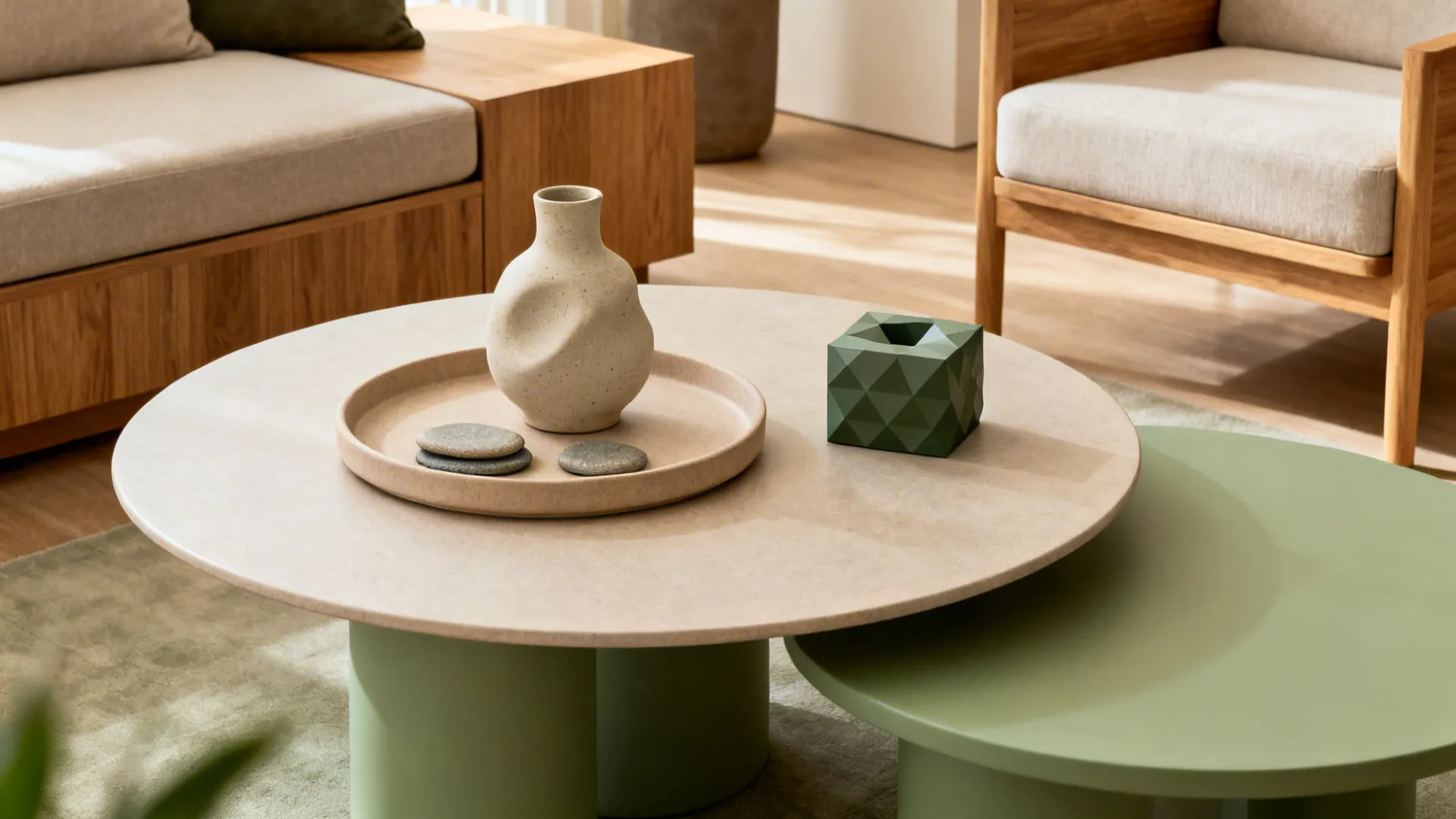 Centre table styled with a round tray, organic ceramic vase, pebble coasters, and a faceted box softening linear furniture.