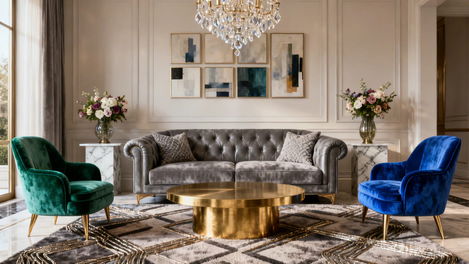 Elegant living room with a grey leather couch, jewel-toned velvet chairs and brass accents