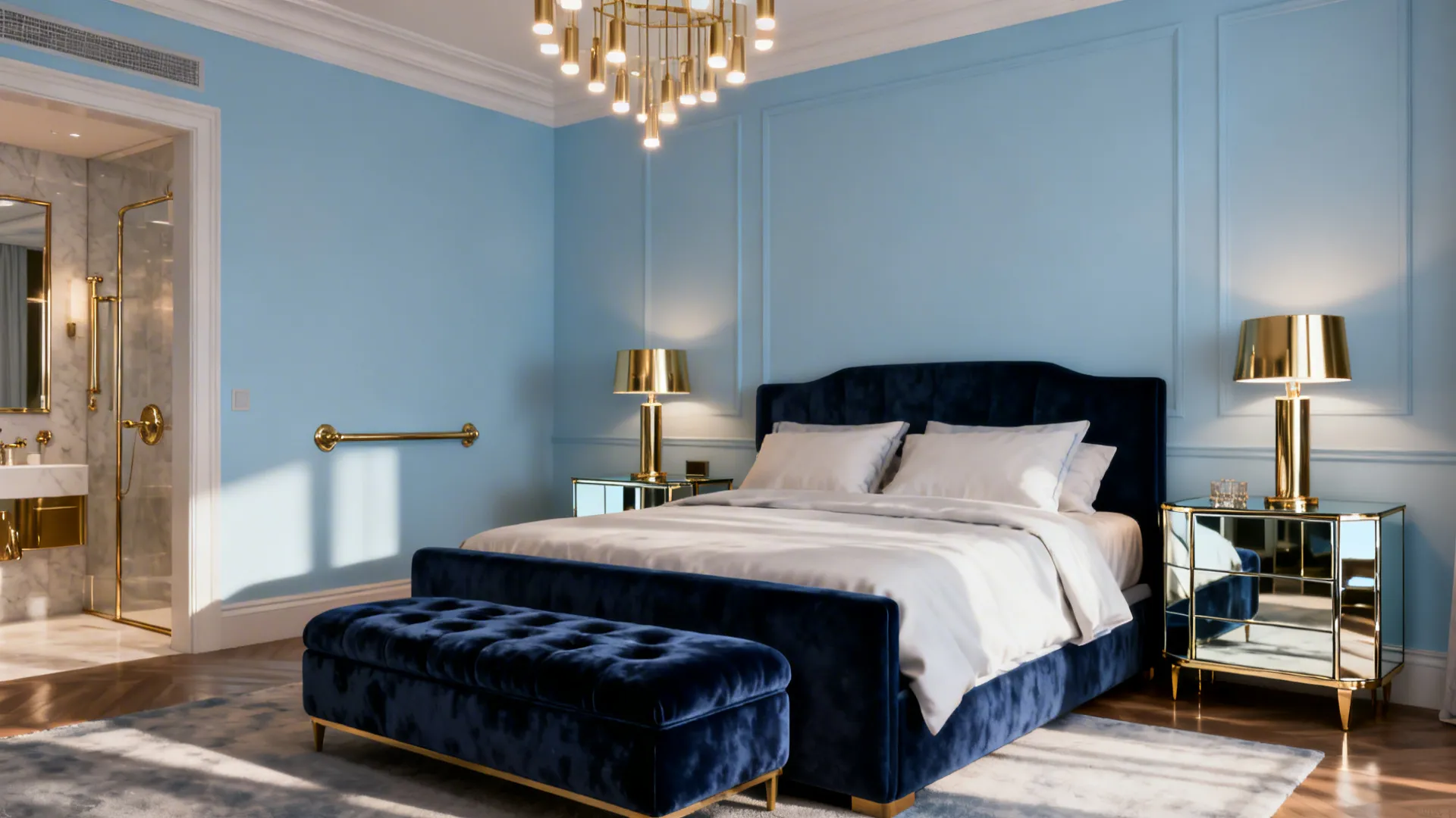 Luxury bedroom with blue walls dark velvet bed gold ceiling light mirrored cabinets and lamps