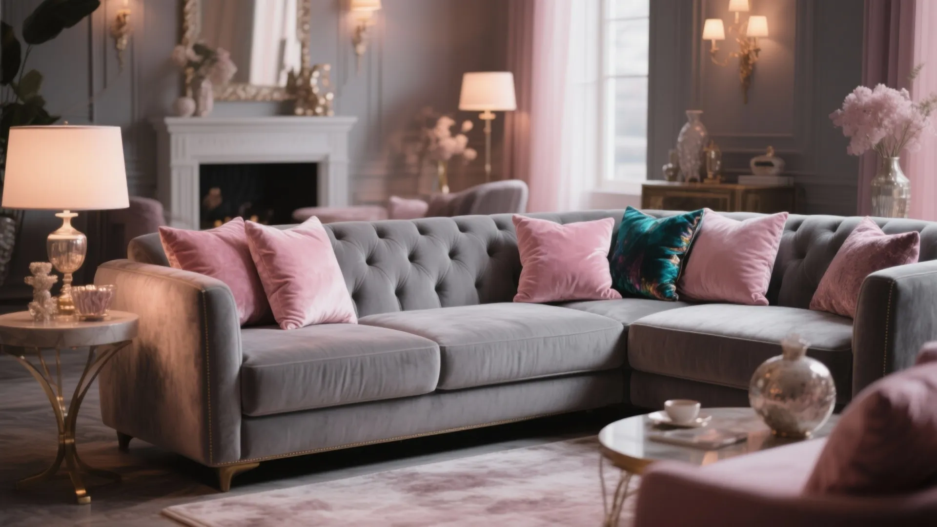 Soft glam living room with tufted gray sofa pink pillows white fireplace and wall lights