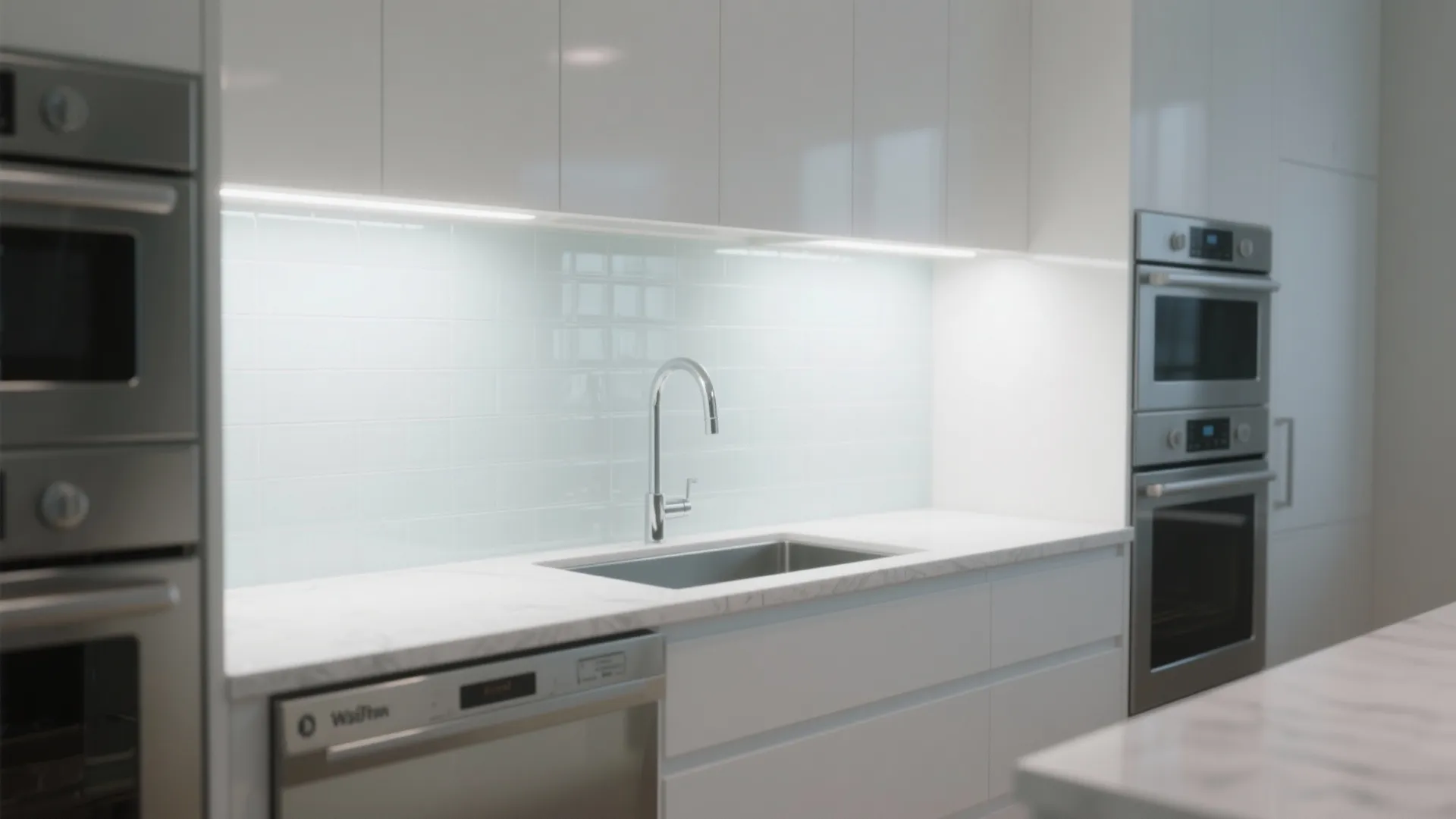 Minimalist white kitchen with glossy light blue glass tile backsplash silver faucet and built in ovens