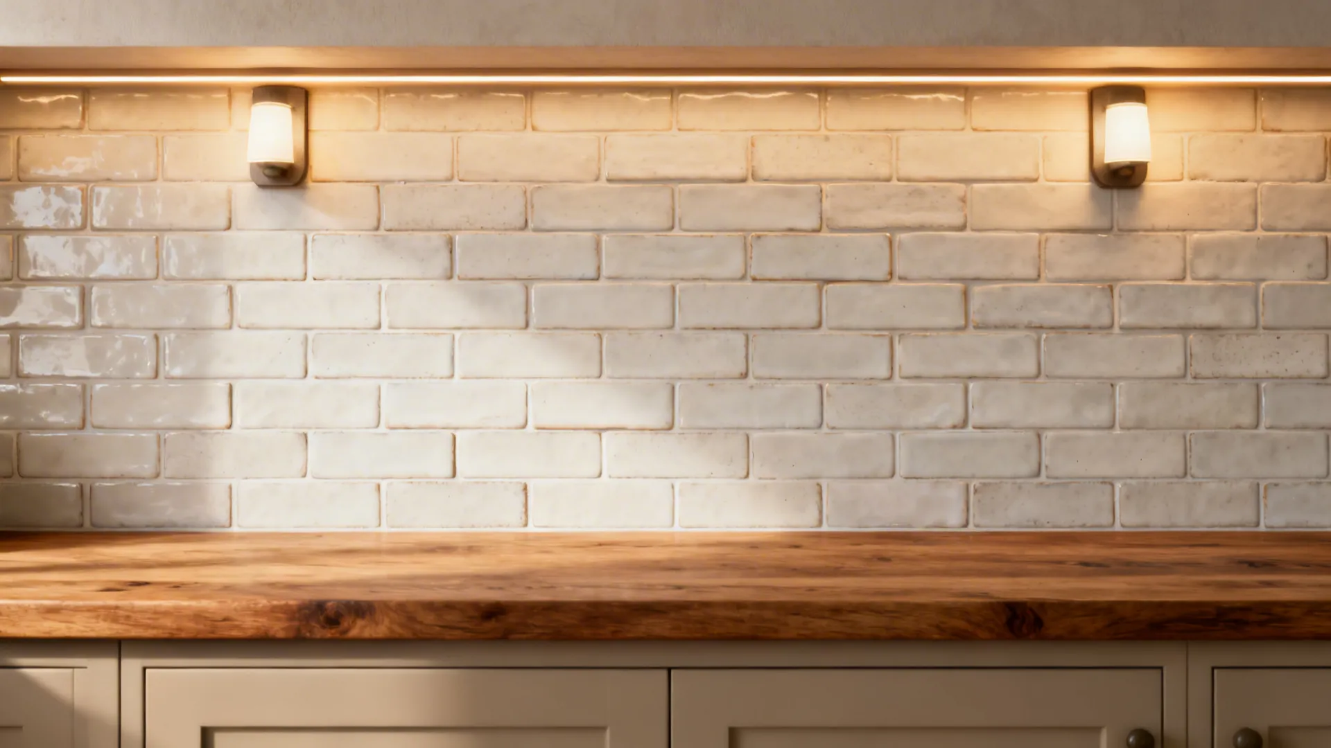Handmade-look warm white tile backsplash with soft glaze under warm lighting.