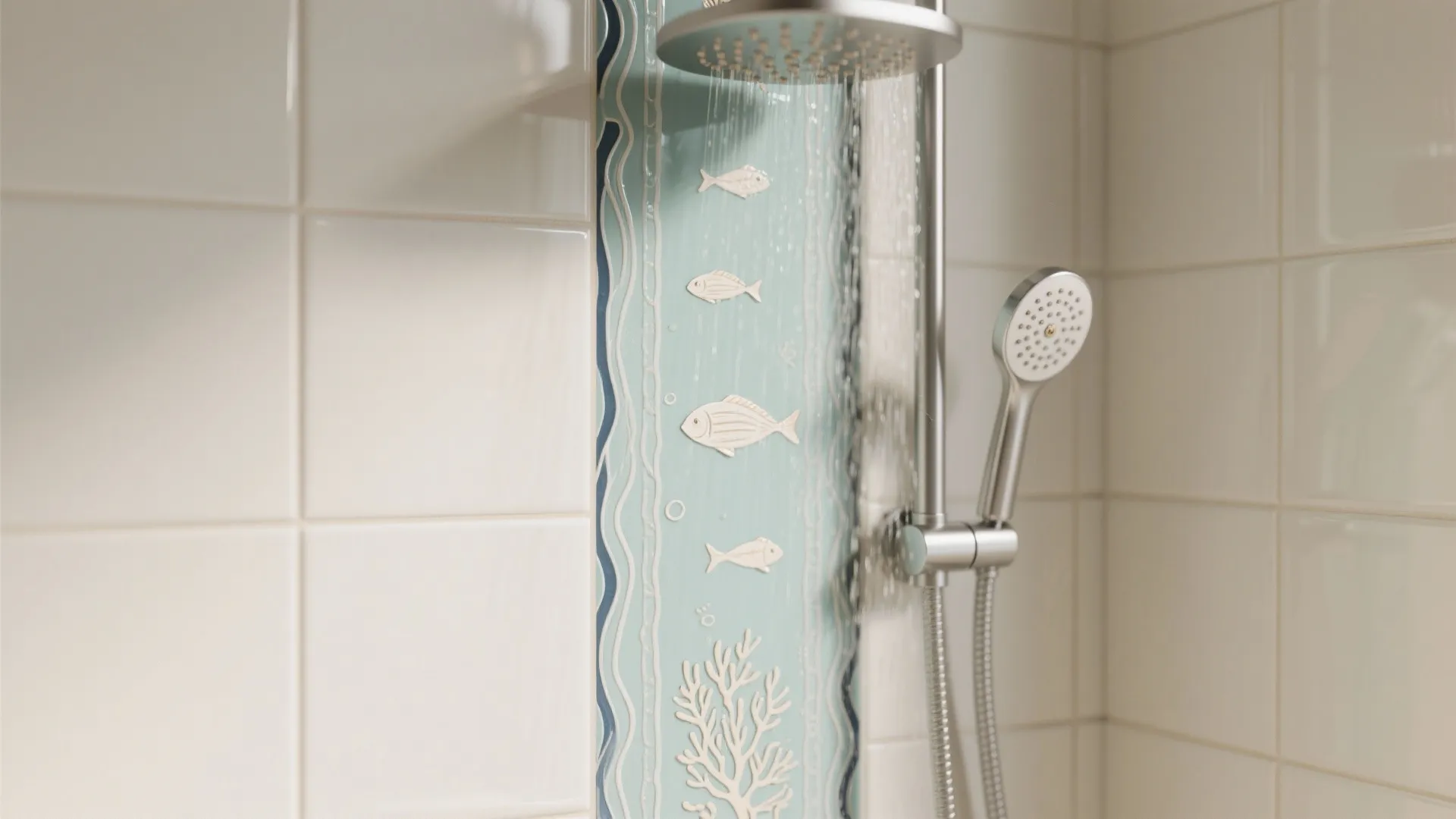 Modern shower area with white square tiles and a blue decorative border showing fish patterns