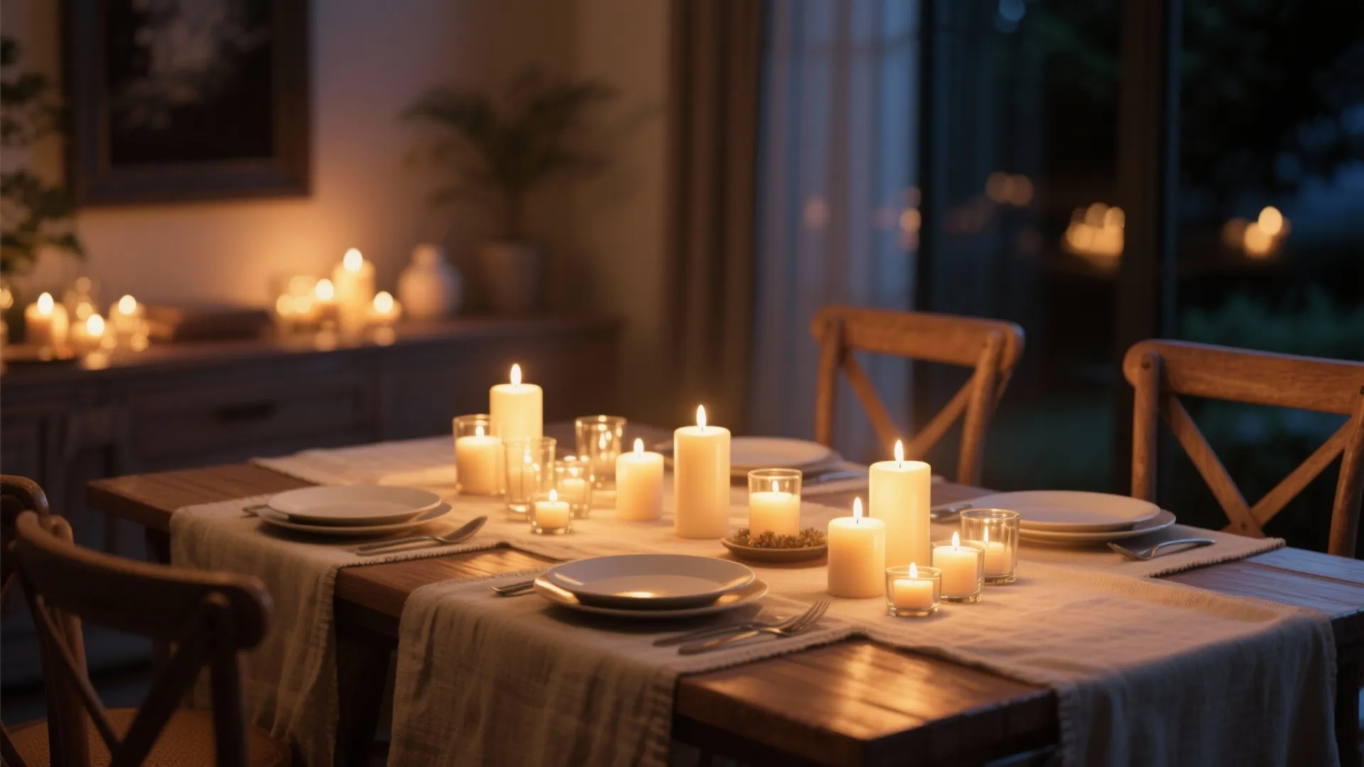 Dining table set with white plates and many lit candles creating a warm evening atmosphere