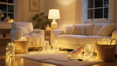 Cozy Living Room with Warm String Lights & Soft Furnishings