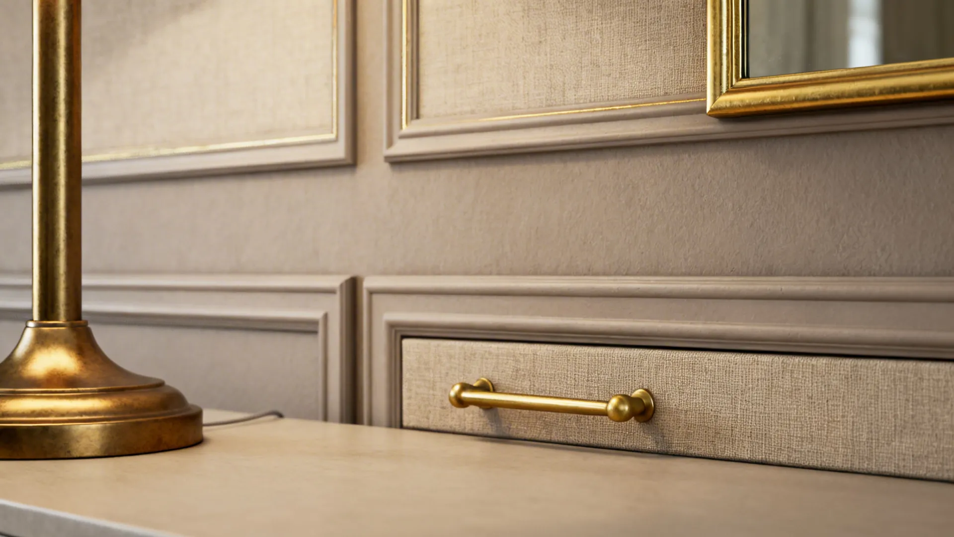 Close-up of brushed gold lamp base and slim gold-framed mirror on a warm neutral wall.