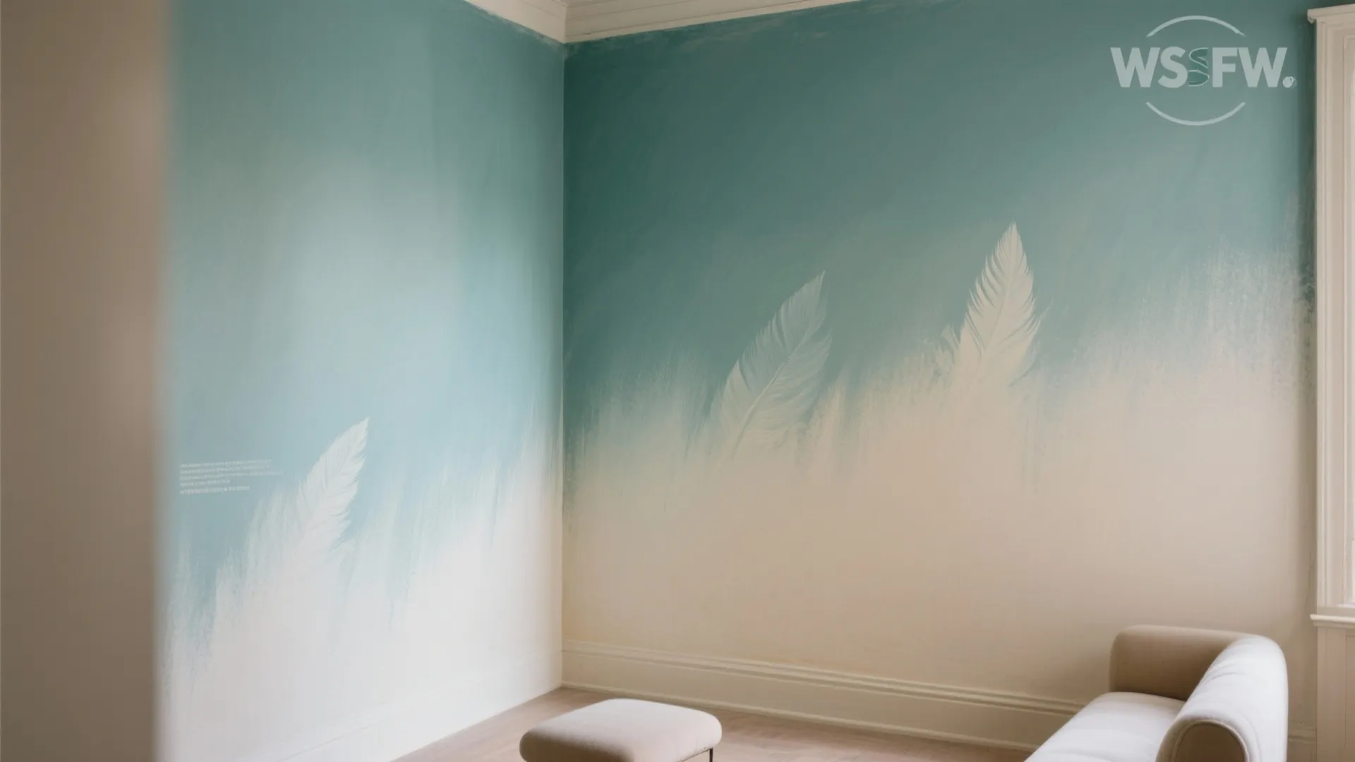 Teal ombre wall with feather stencils featuring a small grey footrest and white modern sofa