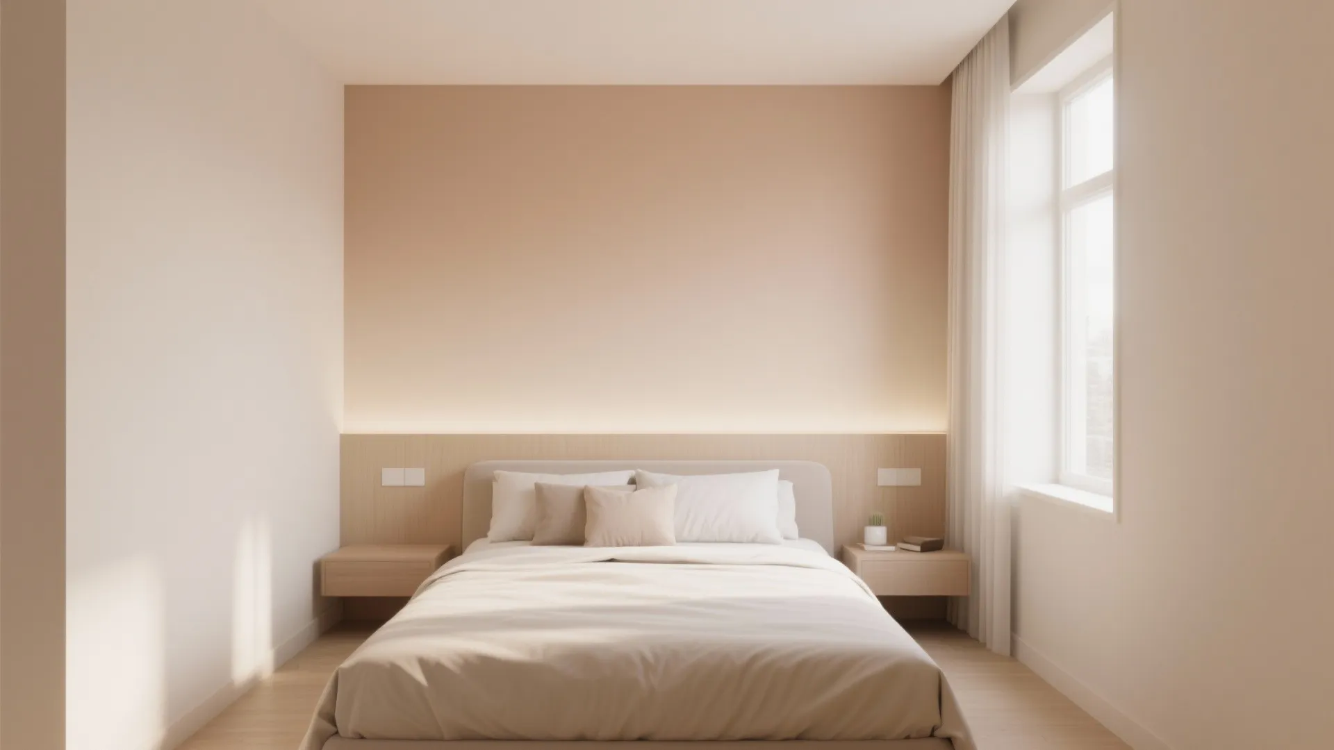 Minimalist beige bedroom with warm hidden lighting behind a wooden headboard and two bedside tables