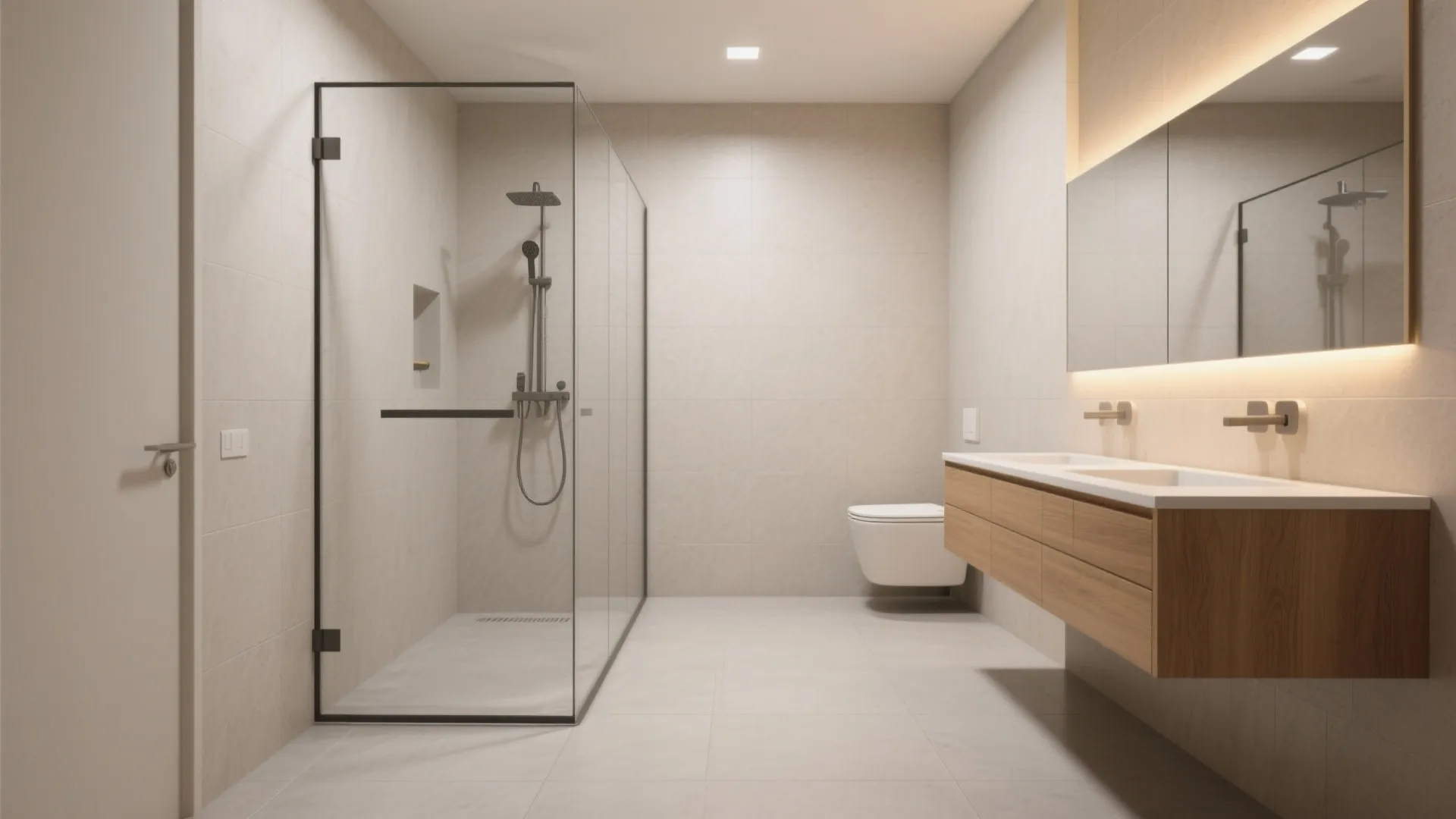 Small bathroom in matte porcelain with soft-grain seamless texture and warm wall-wash lighting.