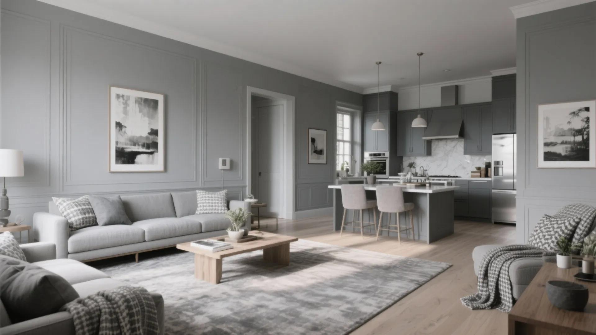 Modern open plan living room with gray sofa wood floor kitchen island and two ceiling lights