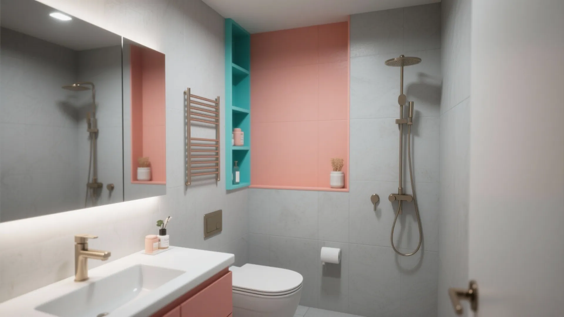 Modern bathroom with pink and blue wall accents white toilet gold shower head and mirror