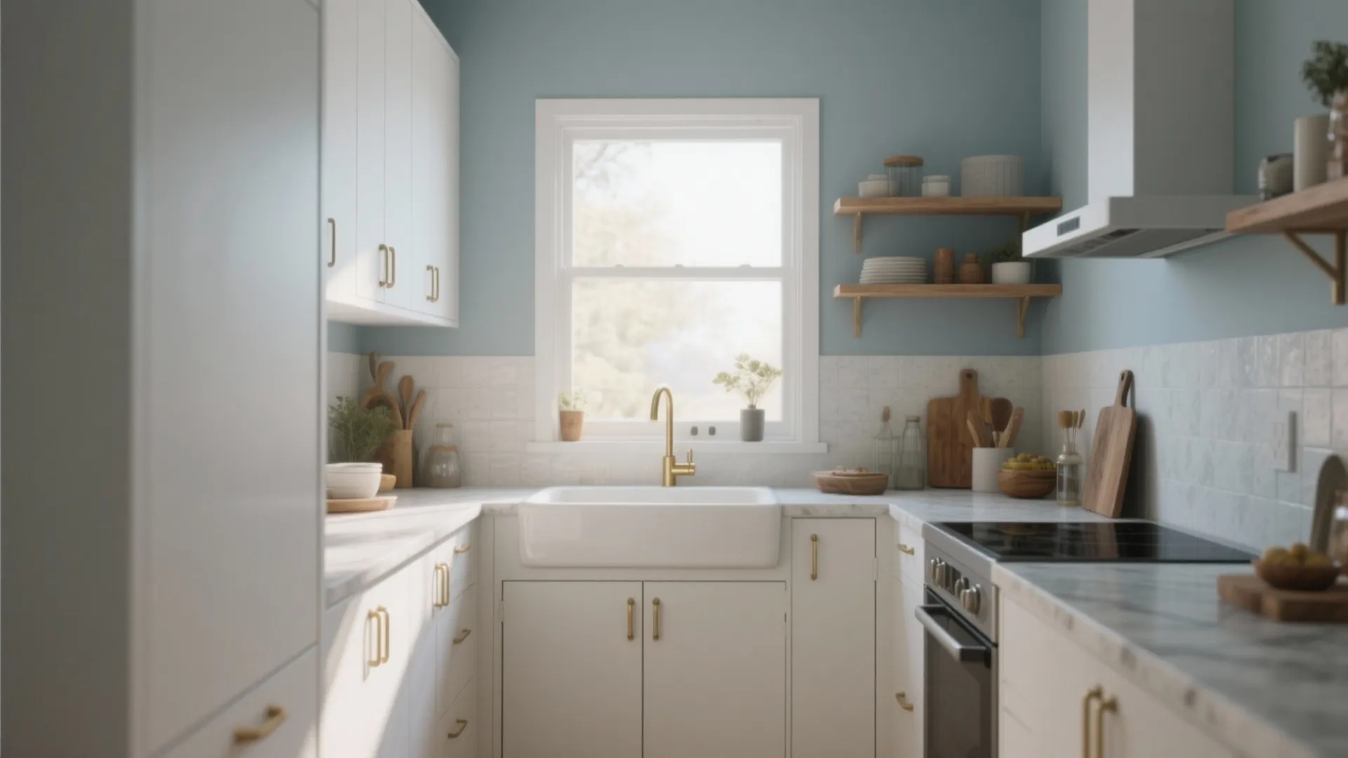 Modern small kitchen with blue walls white cabinets gold handles a large window and wooden shelves