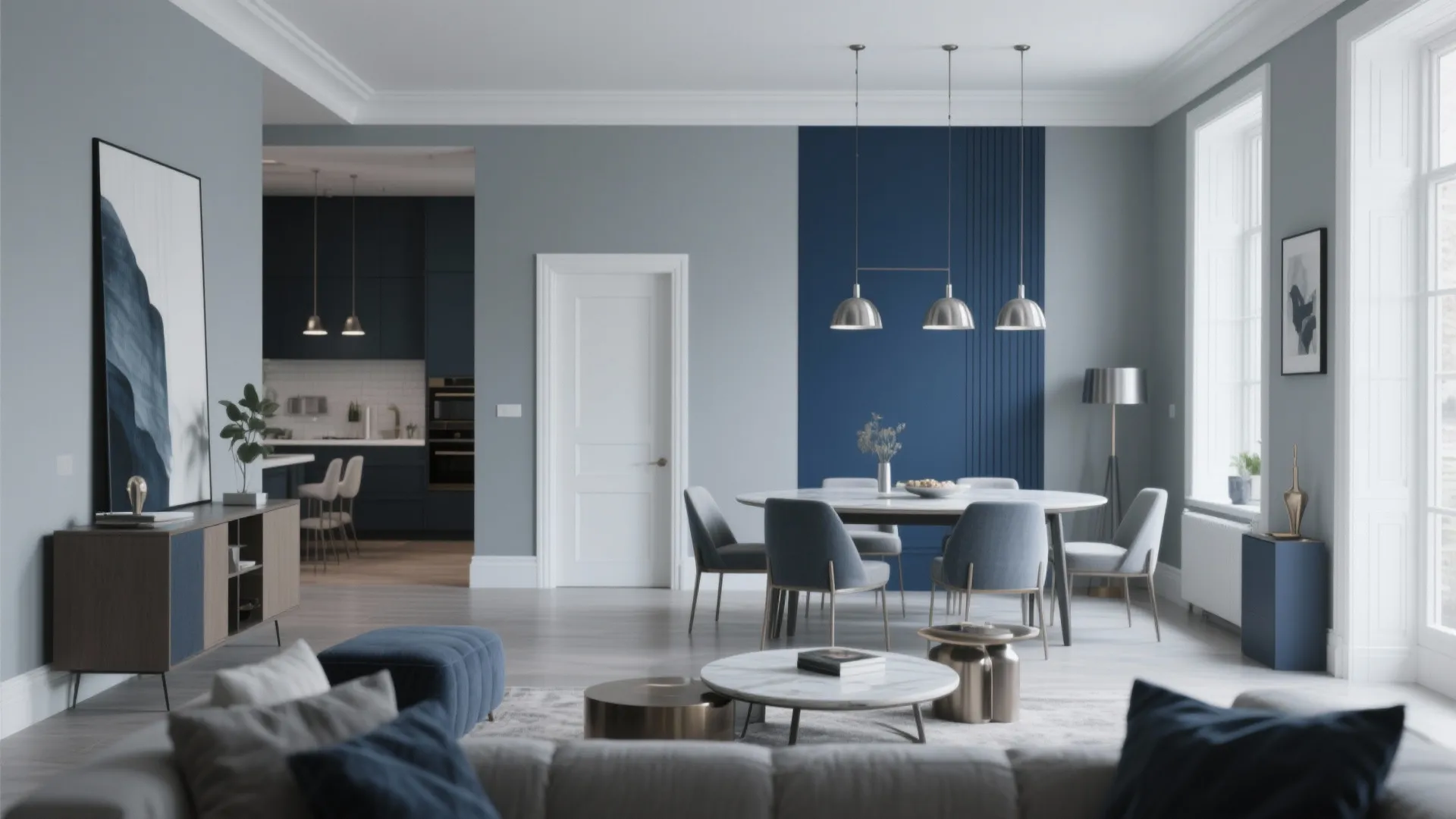 Open-plan living space with soft gray-blue walls, white trim, and navy accents.