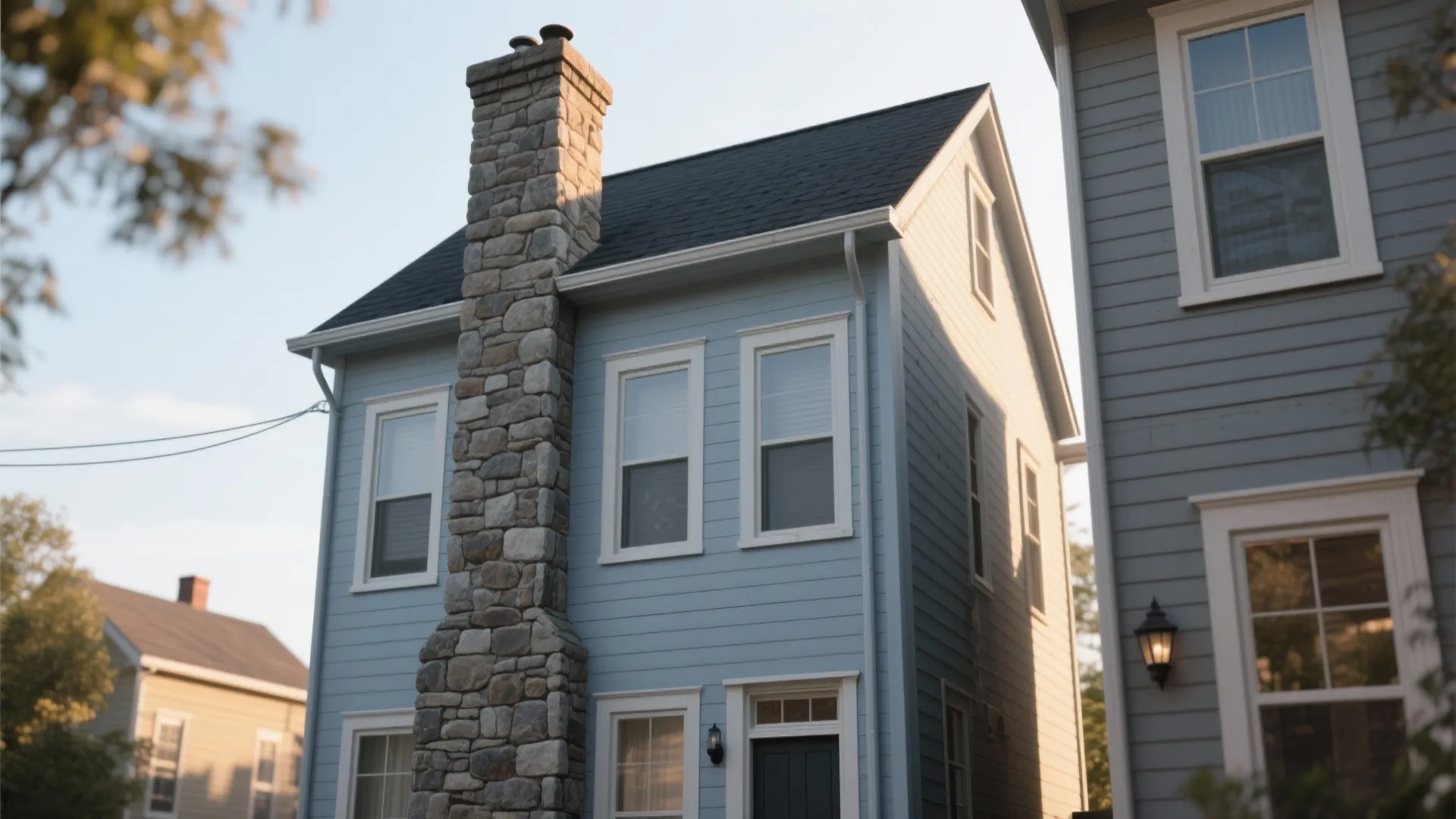 Two-story blue house with stone chimney under a clear sky during daytime with bright sunlight