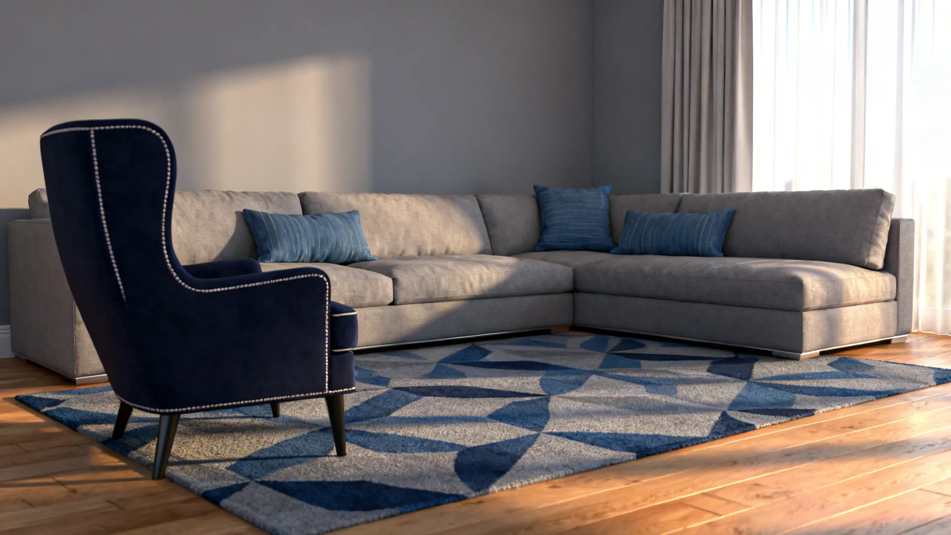 Living area with soft gray base and blue accent chair and cushions