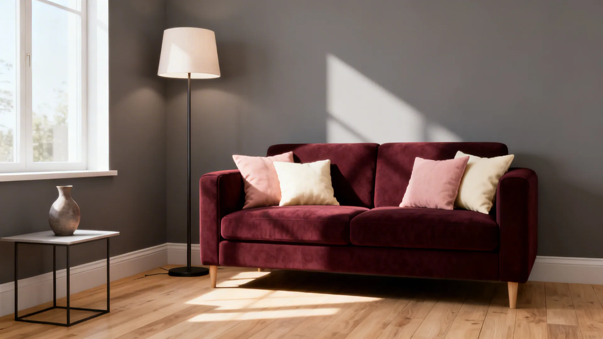 Compact living room with soft warm gray walls and a deep burgundy sofa near natural light.