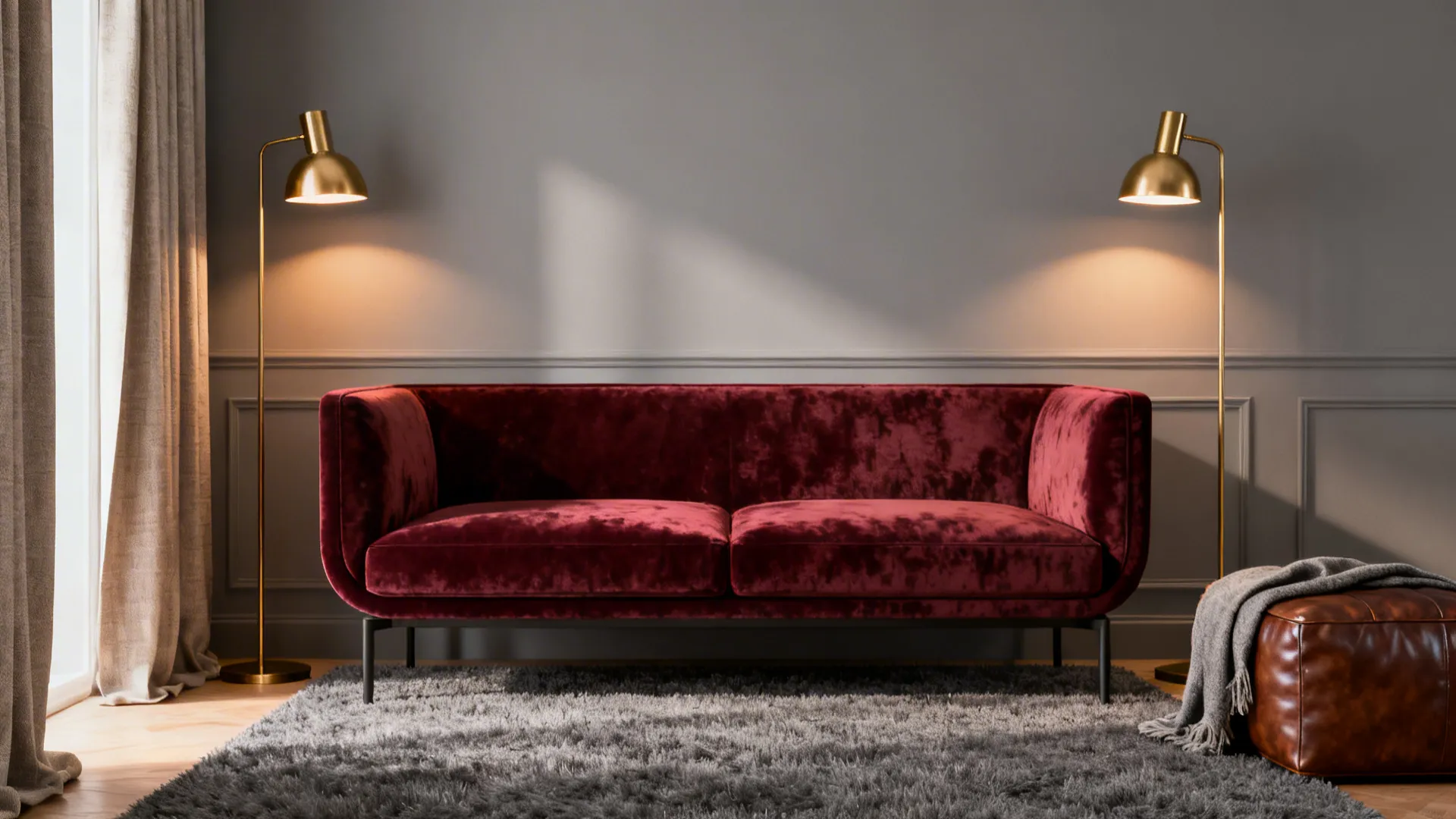 Small living room with soft warm-gray walls and a burgundy accent sofa with brass lamps