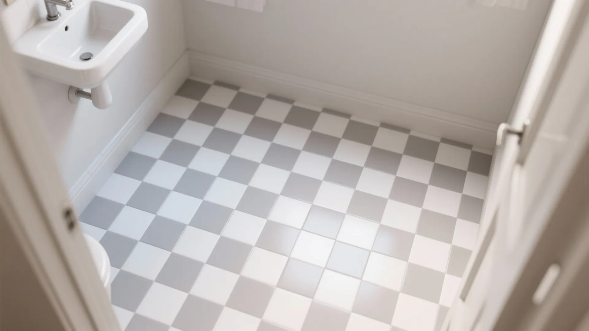 Modern bathroom interior design drawing with grey and white checkered floor tiles white walls sink