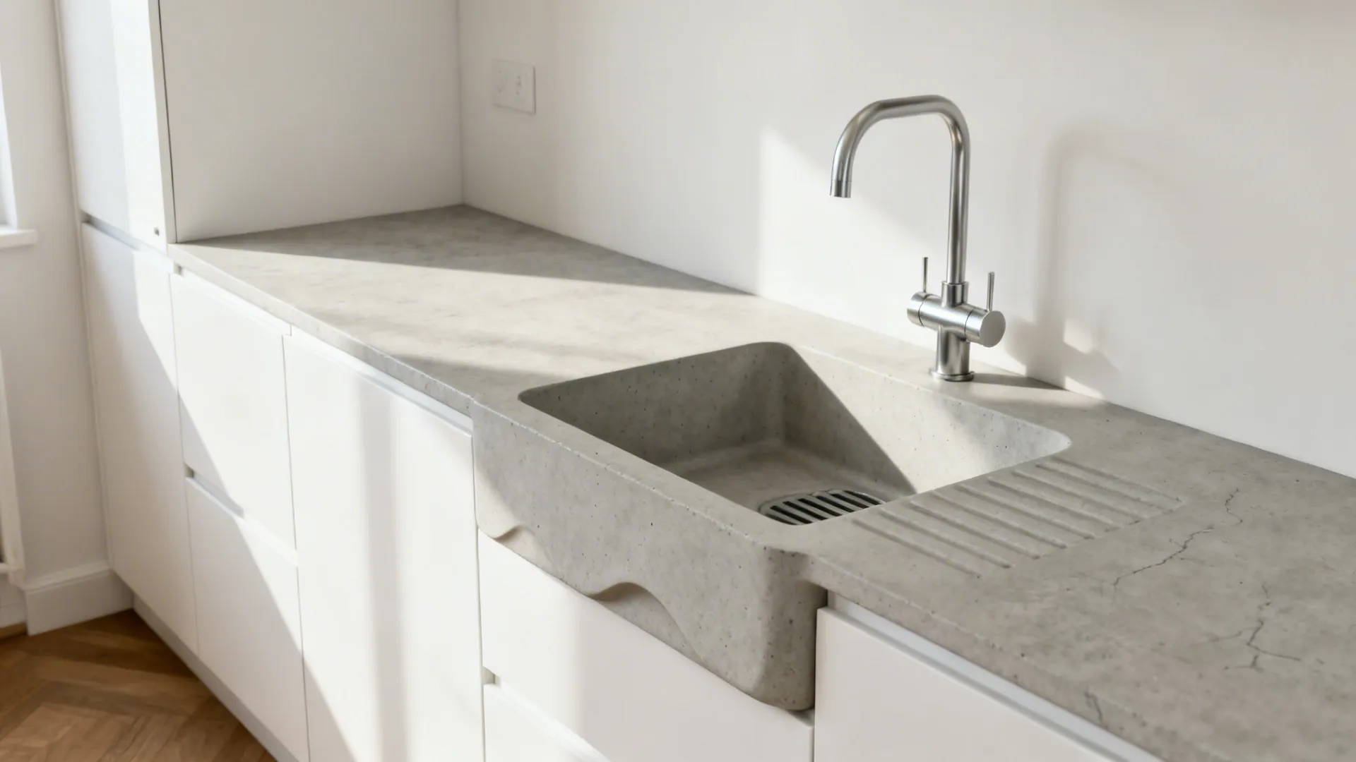 White kitchen with a soft light gray countertop and integrated drainboard.