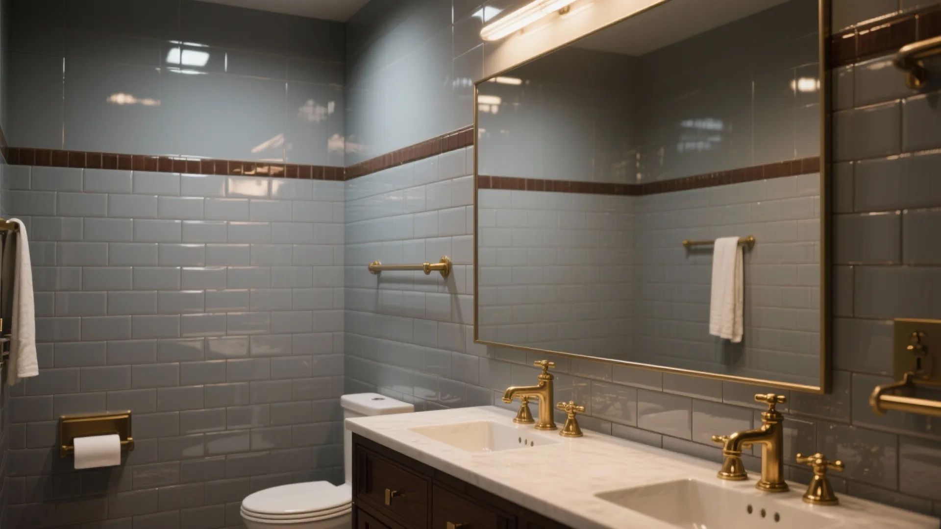 3. Soft gray subway tile + espresso vanity + brass fittings