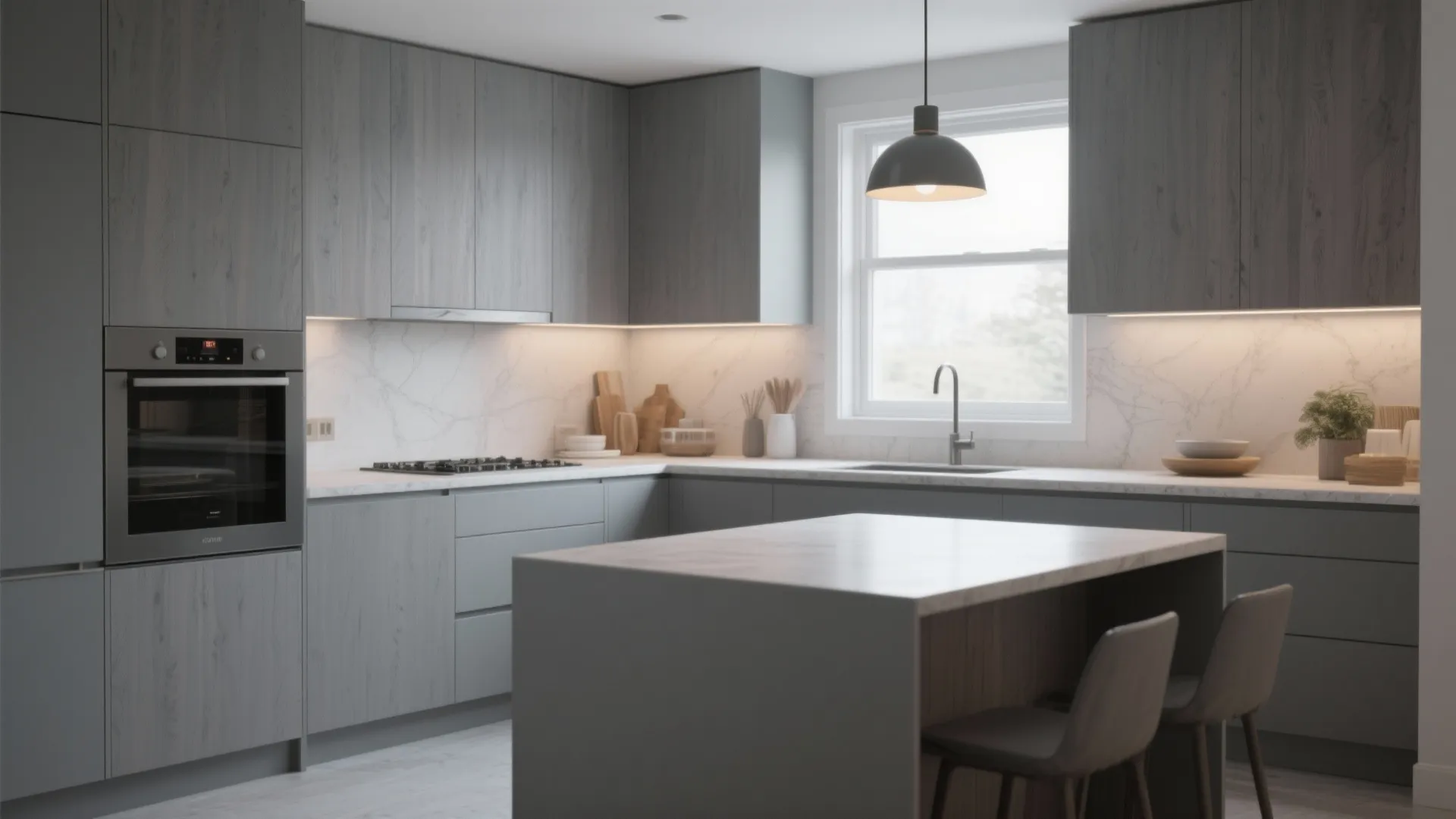 Modern kitchen with soft gray wood cabinets and neutral countertops under balanced lighting.