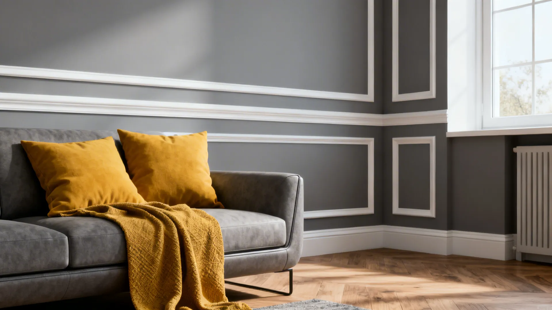 Seating area with soft gray walls, white trim and mustard-yellow pillows on a gray sofa.