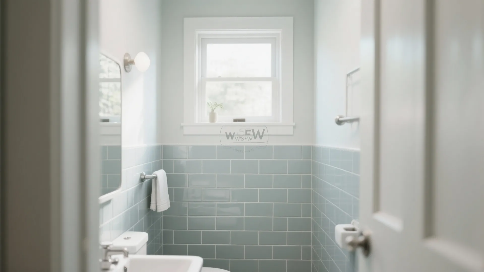 Small bathroom with light blue wall tiles white sink hanging towel and a bright window