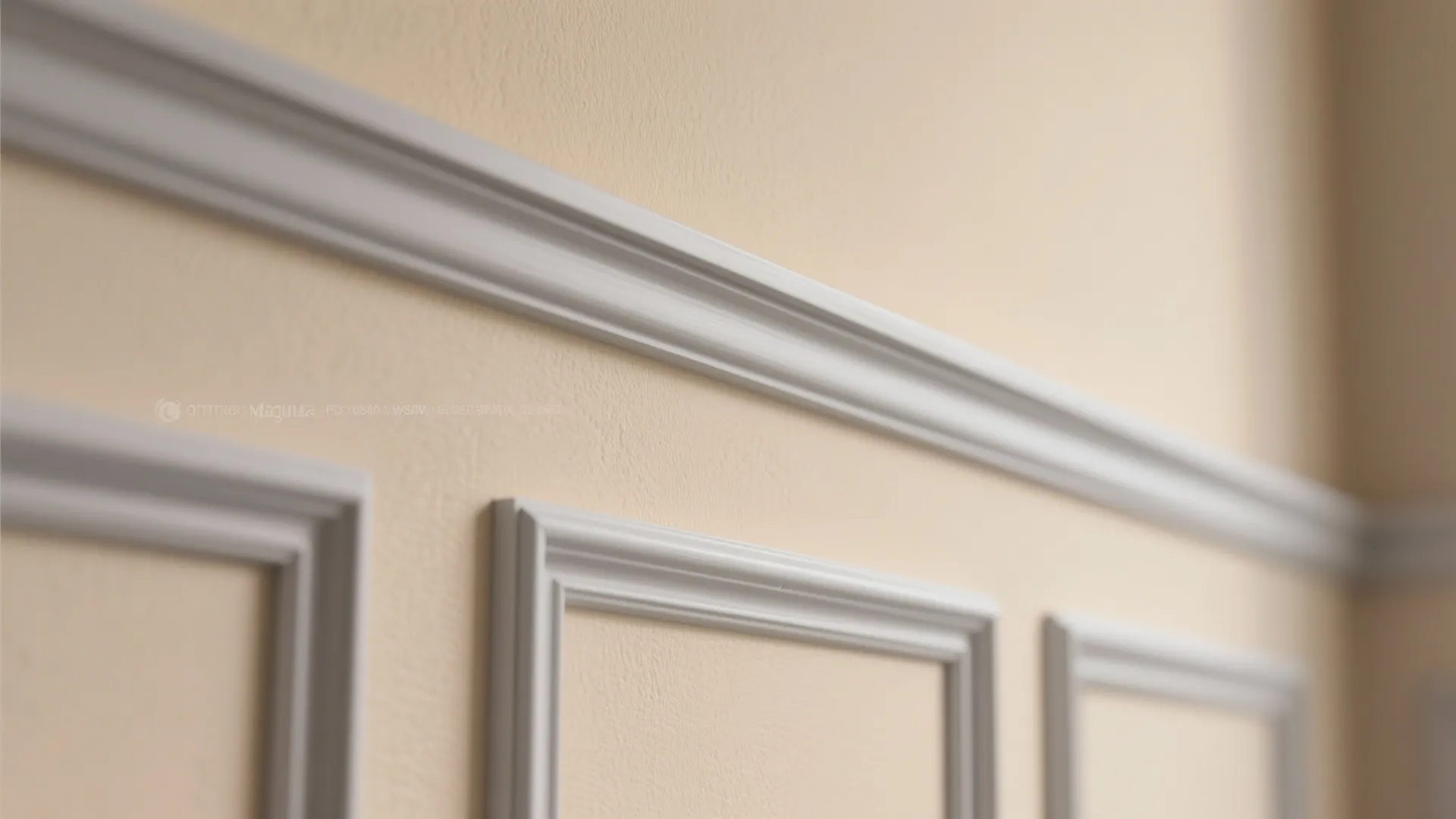 Close-up of crisp soft-gray trim against Magnolia cream wall with satin finish.