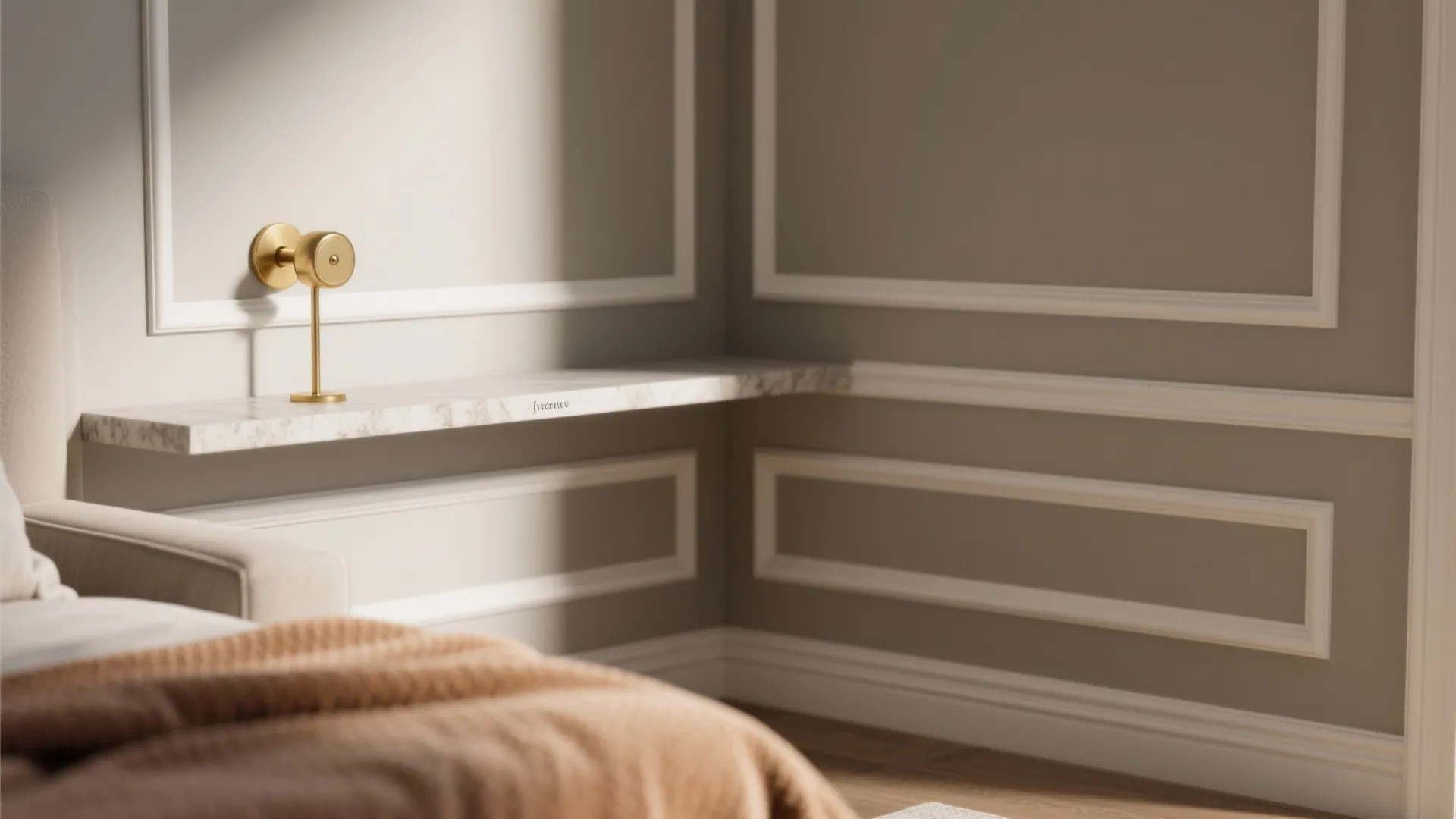Gray bedroom wall with white wall panel design marble shelf gold wall light and bedding
