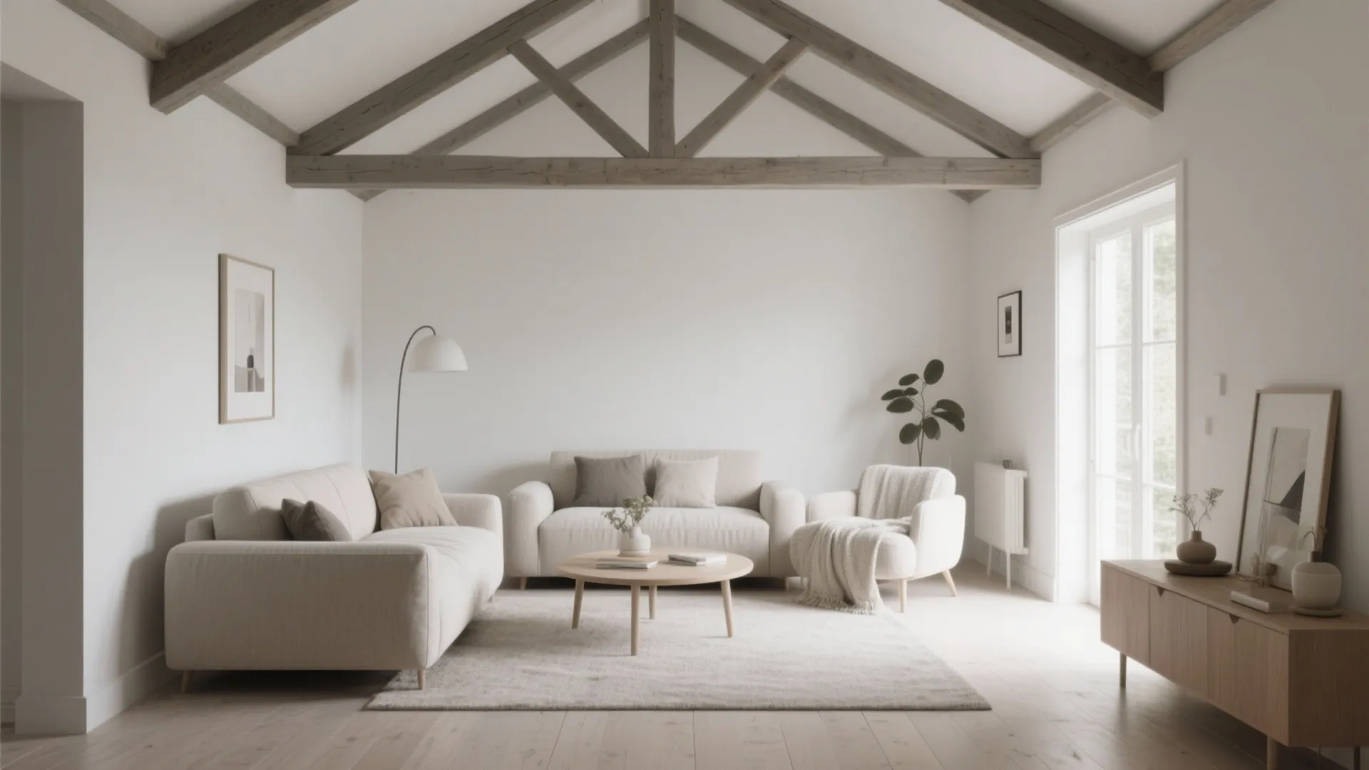 Scandinavian living room with a warm soft gray vaulted ceiling