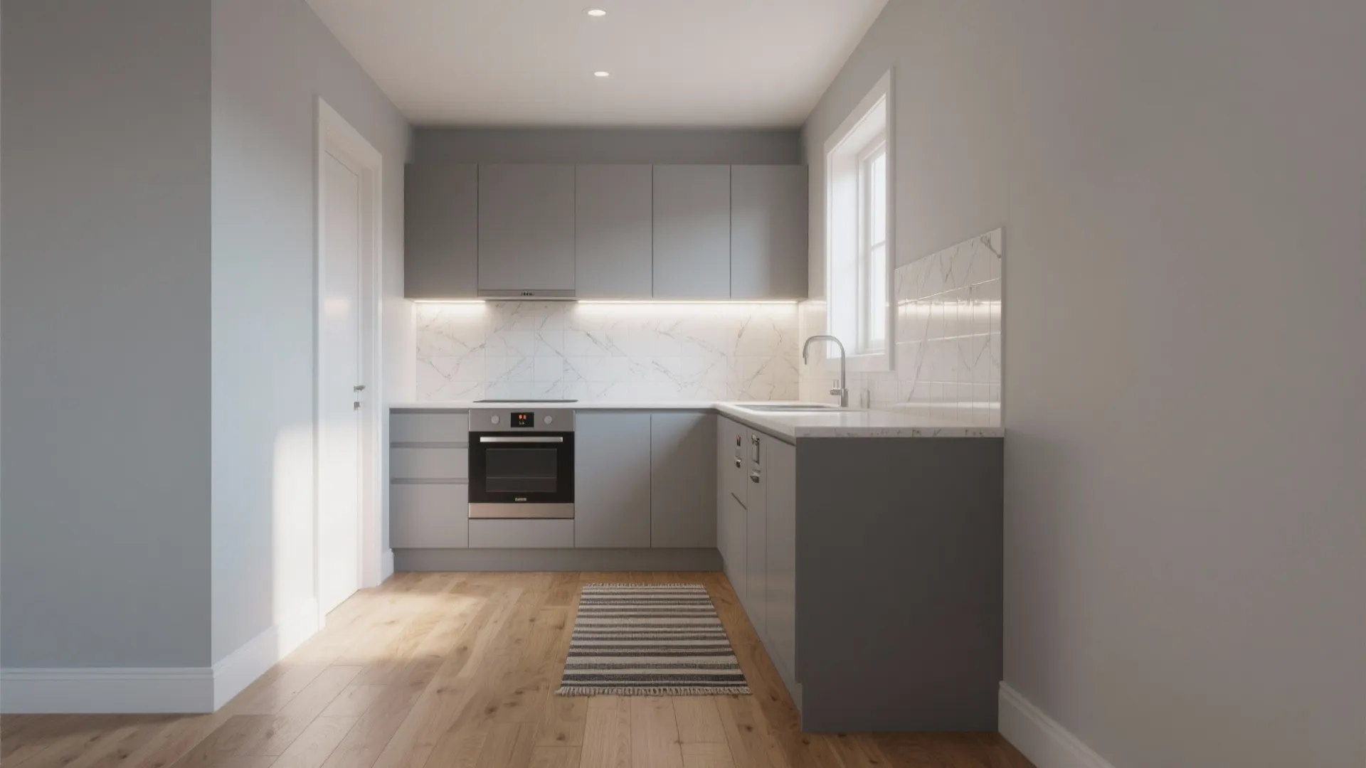 Modern small grey kitchen with white marble wall tiles wood floor and striped floor rug