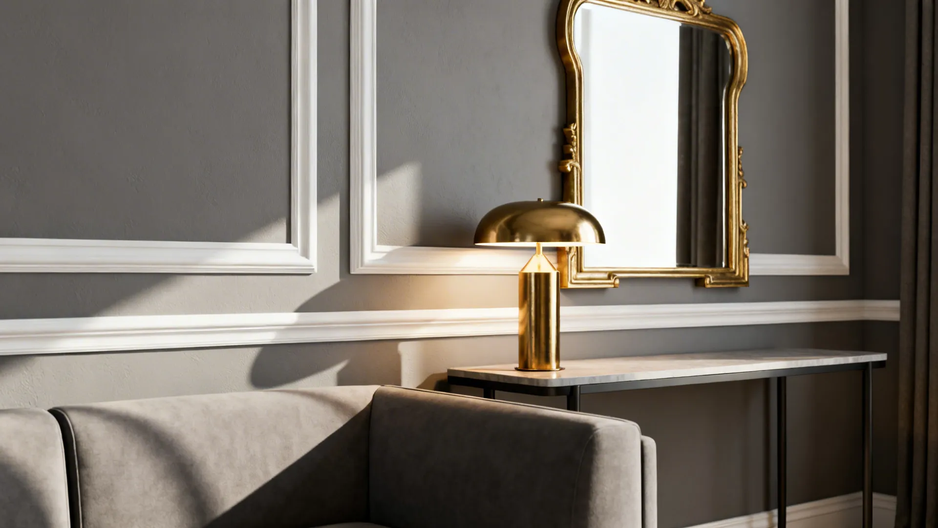 Interior with soft mid-gray walls, white trim and warm brass accents on a console table