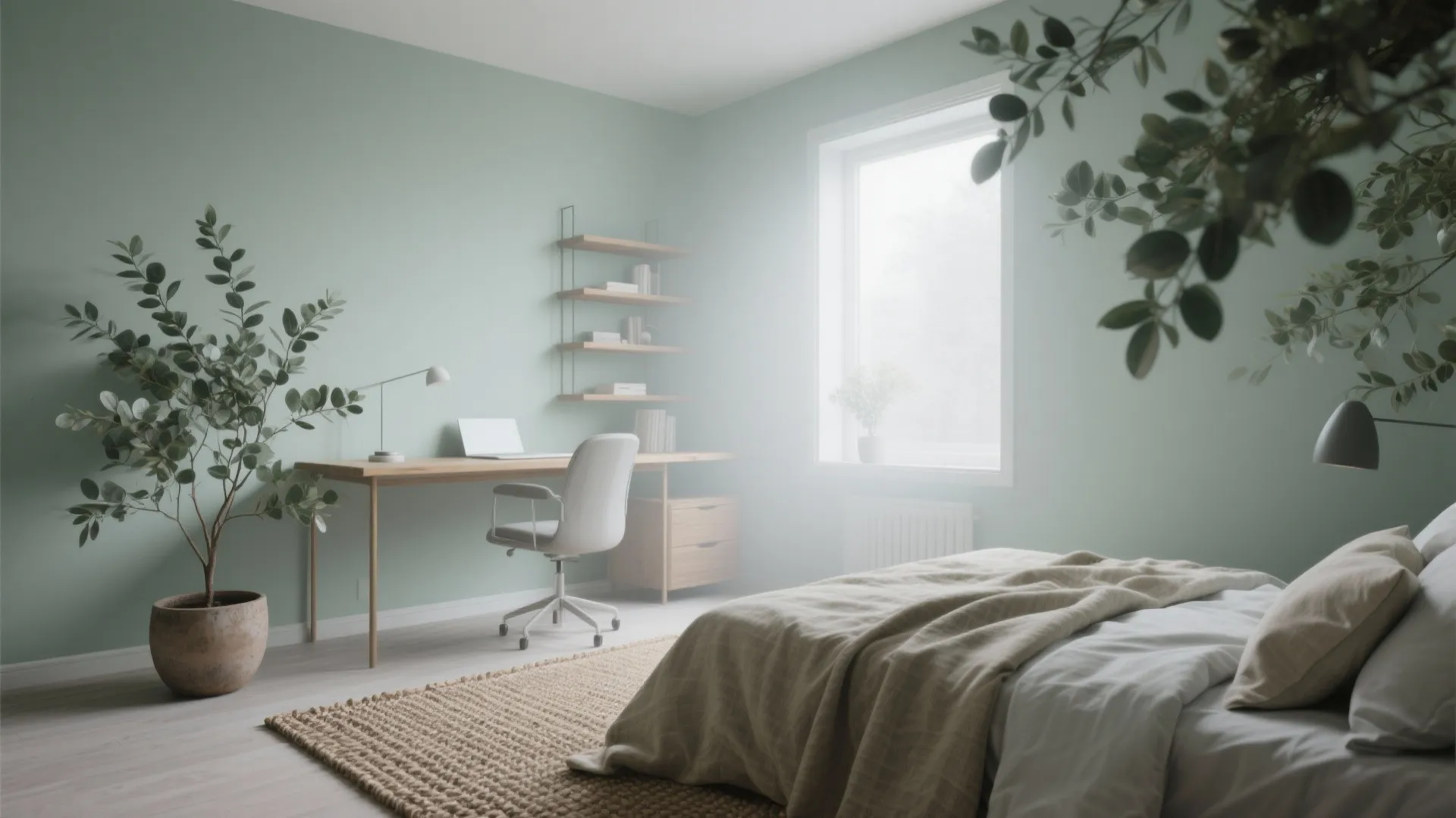 Modern green home office and bedroom with wooden desk white chair shelves bed and plants