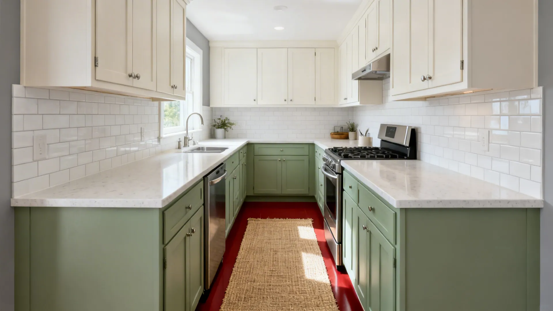 East-facing galley kitchen with sage green lower cabinets, white uppers, and white quartz under bright daylight.