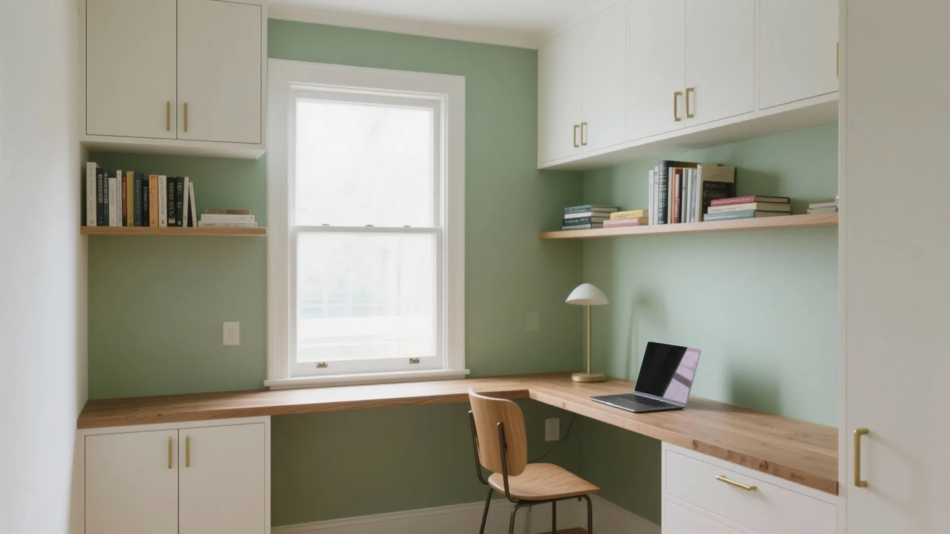 Cozy corner workspace with green walls wooden desk white cabinets wall shelves chair and laptop