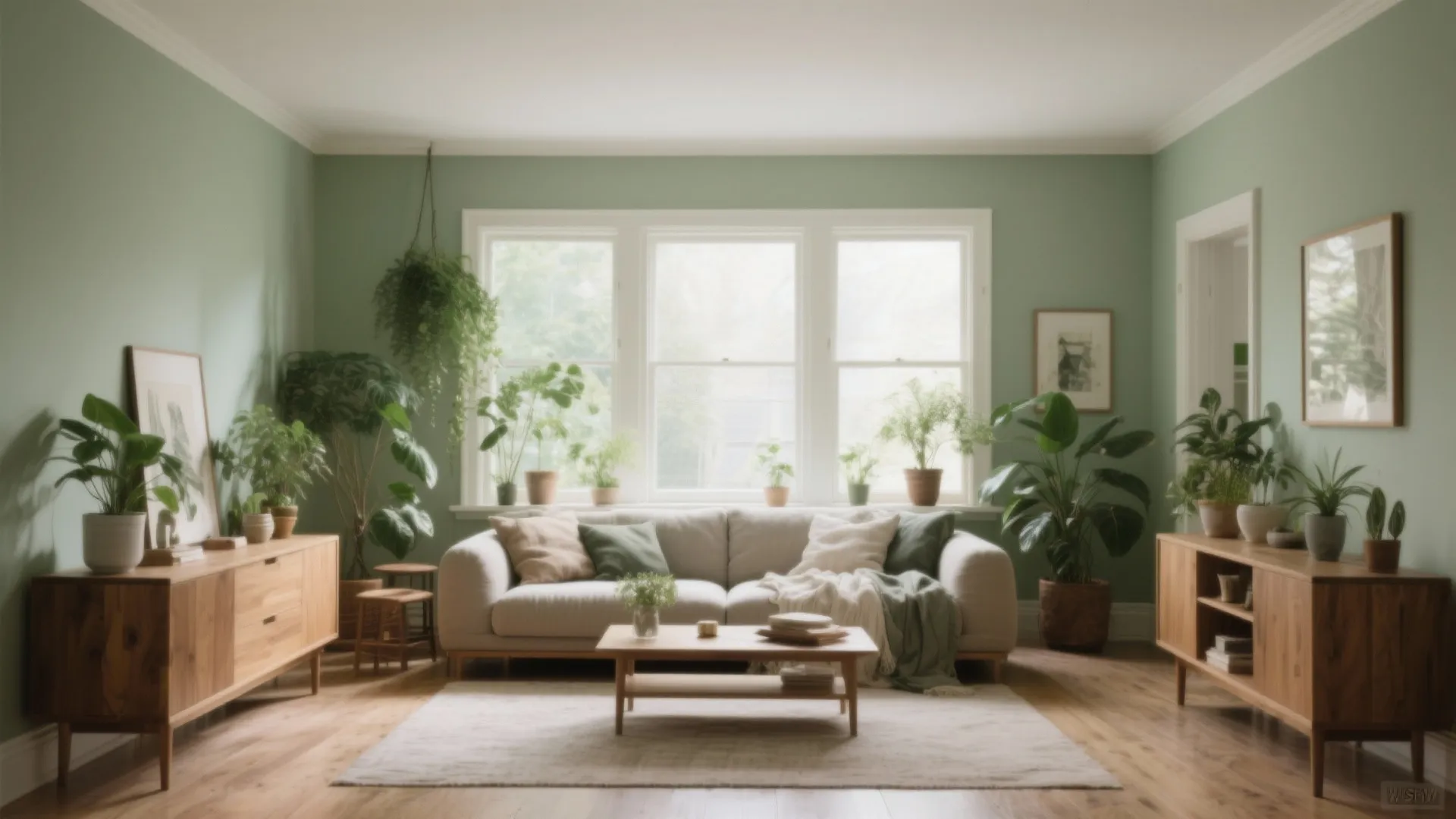 Living room with sage green walls white sofa wooden cabinets many green plants and natural light