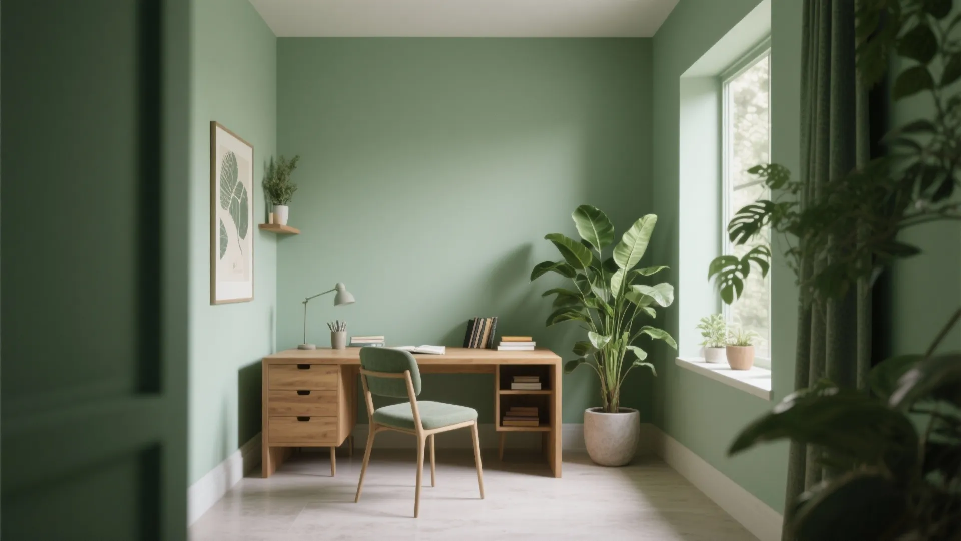 Green home office featuring wooden desk green chair potted plant large window and bright natural light