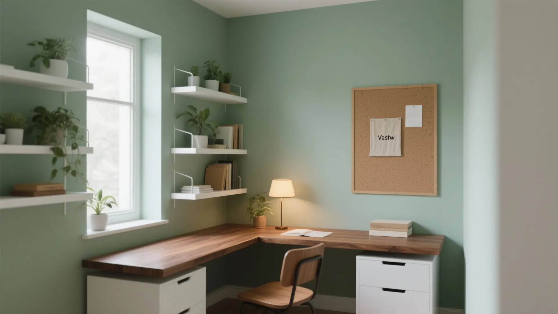 Green home office corner with wooden desk white drawers wall shelves with plants and corkboard