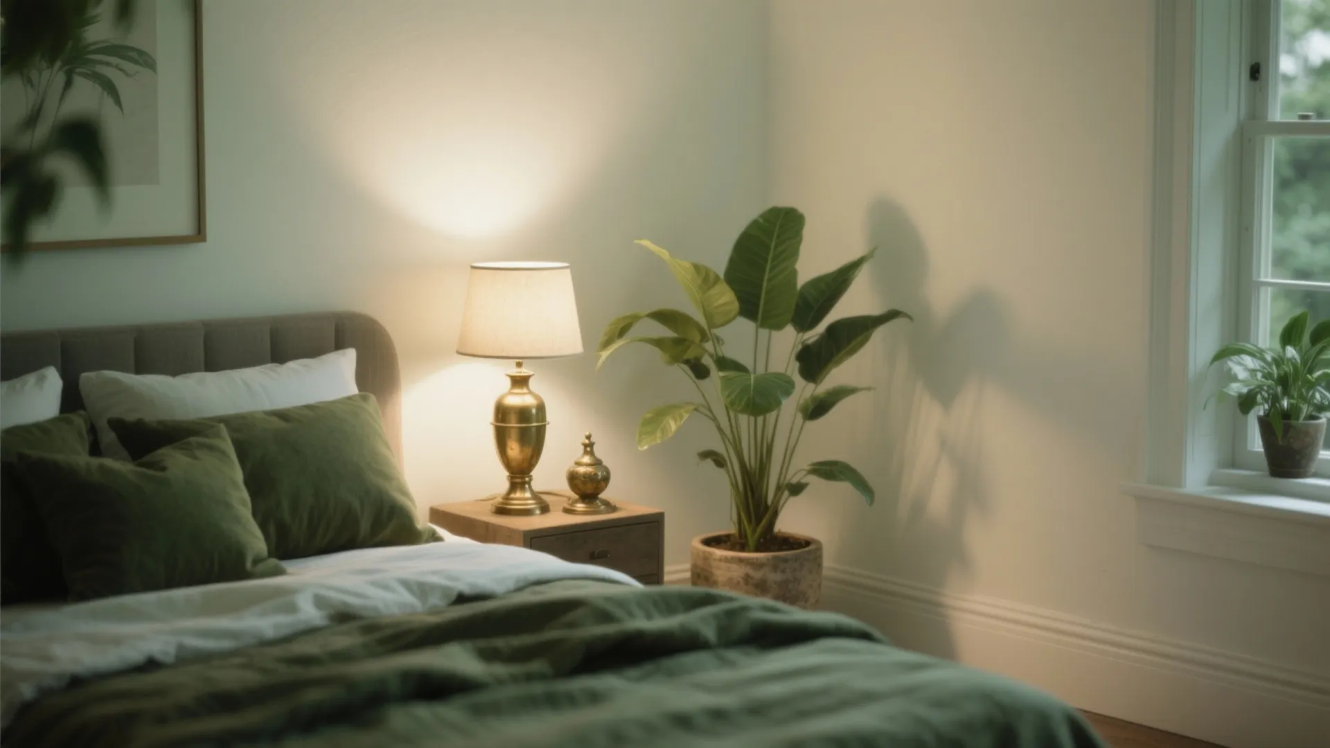 Cozy bedroom with green bedding table light indoor plant and natural light from a window