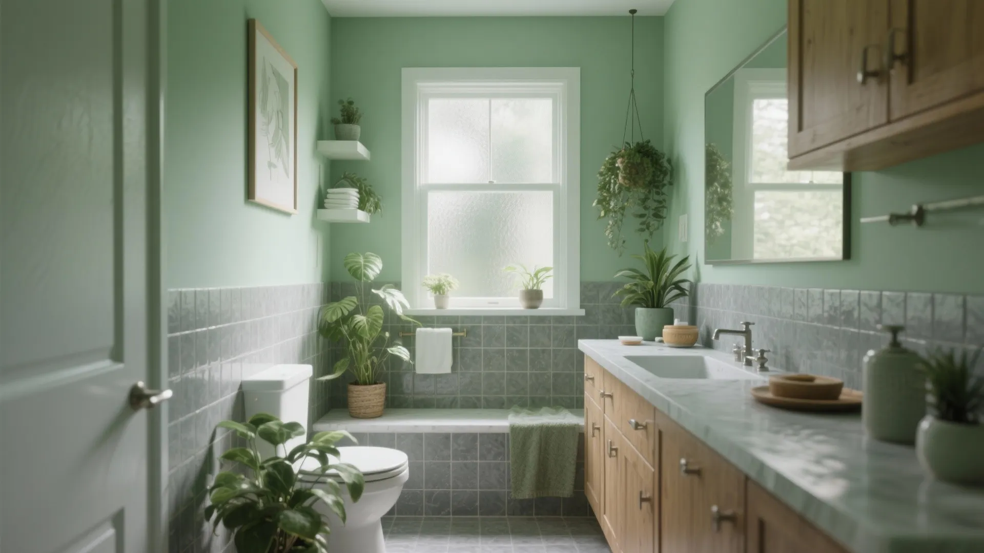 Small bathroom painted in soft green with gray undertones, plants, and moisture-friendly finishes.