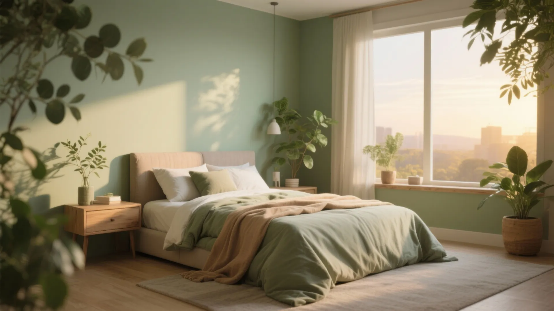 Tranquil west-facing bedroom painted sage green with eucalyptus accents and warm light.