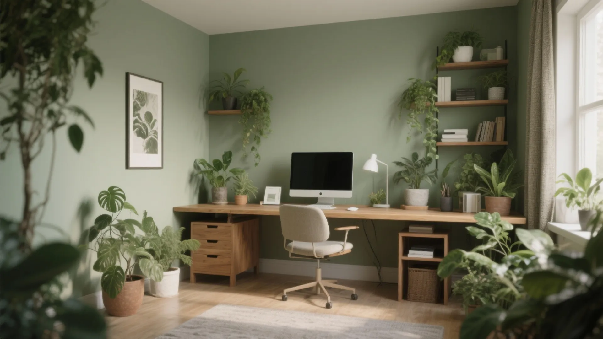 Sage-toned home office with plants and wood furniture, showing a calming natural palette for concentration.