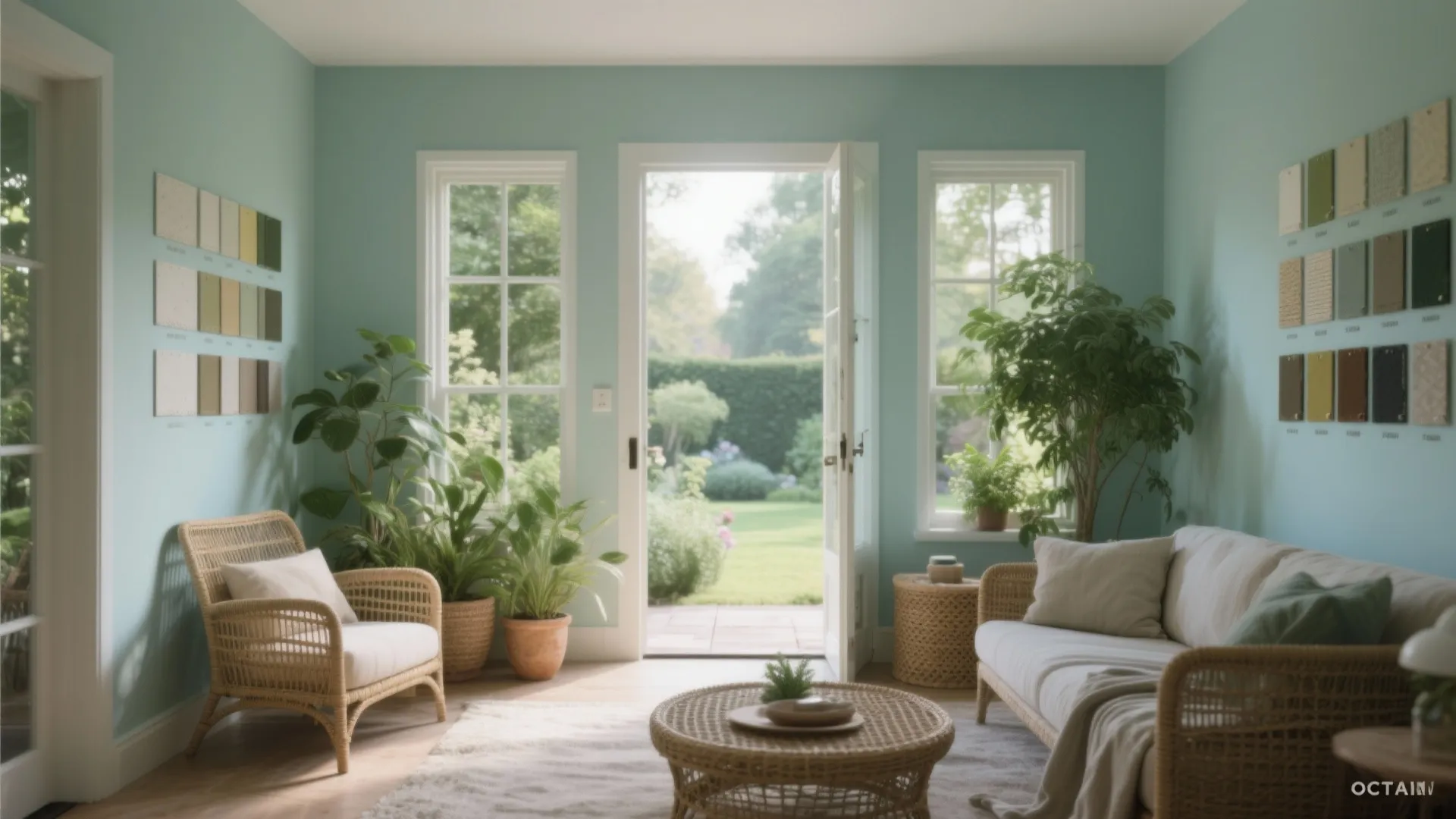 Bright sunroom with blue walls, rattan sofa, green plants, and glass door leading to garden