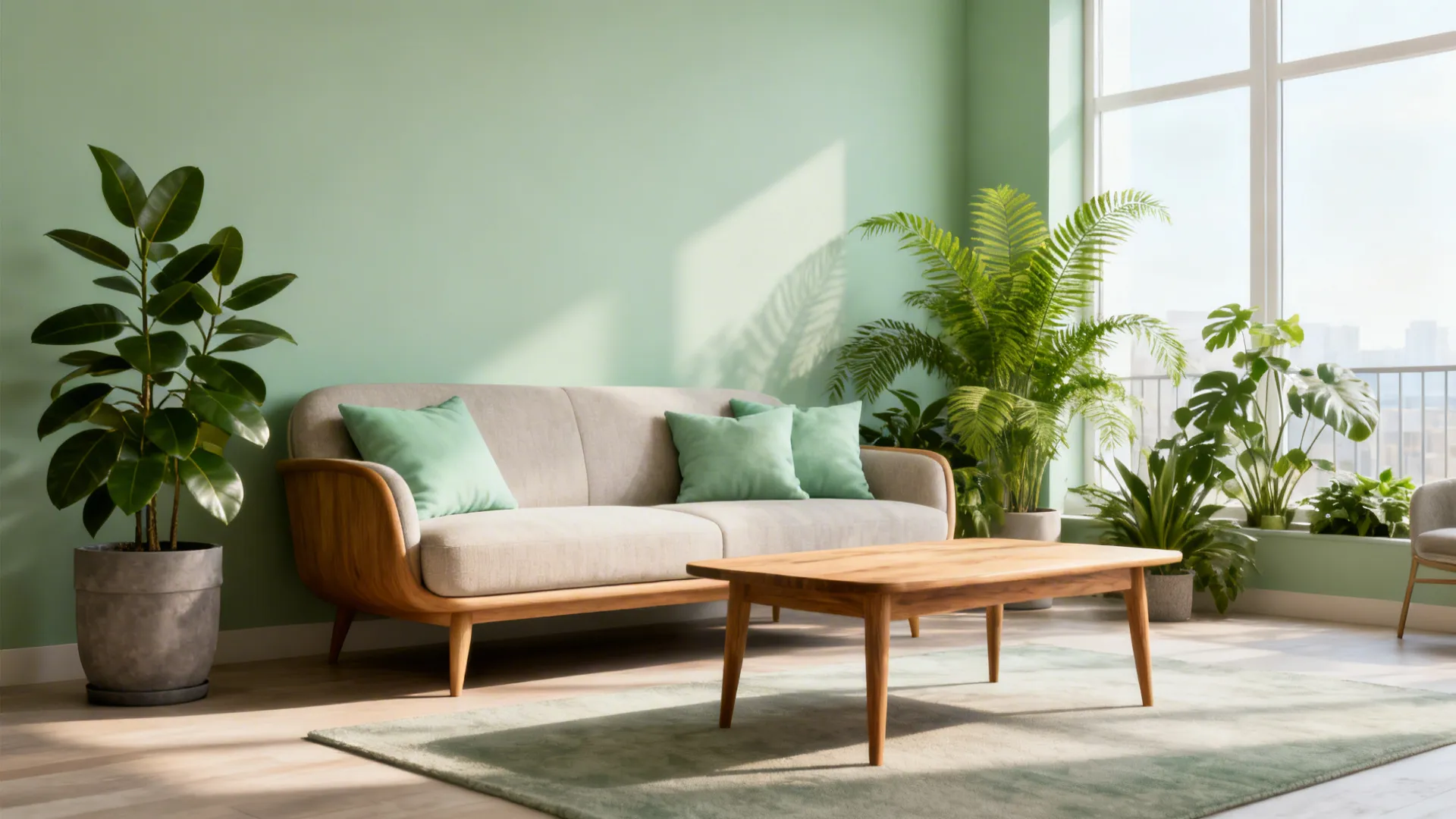 Modern living room with light green walls grey sofa wooden coffee table and many green plants