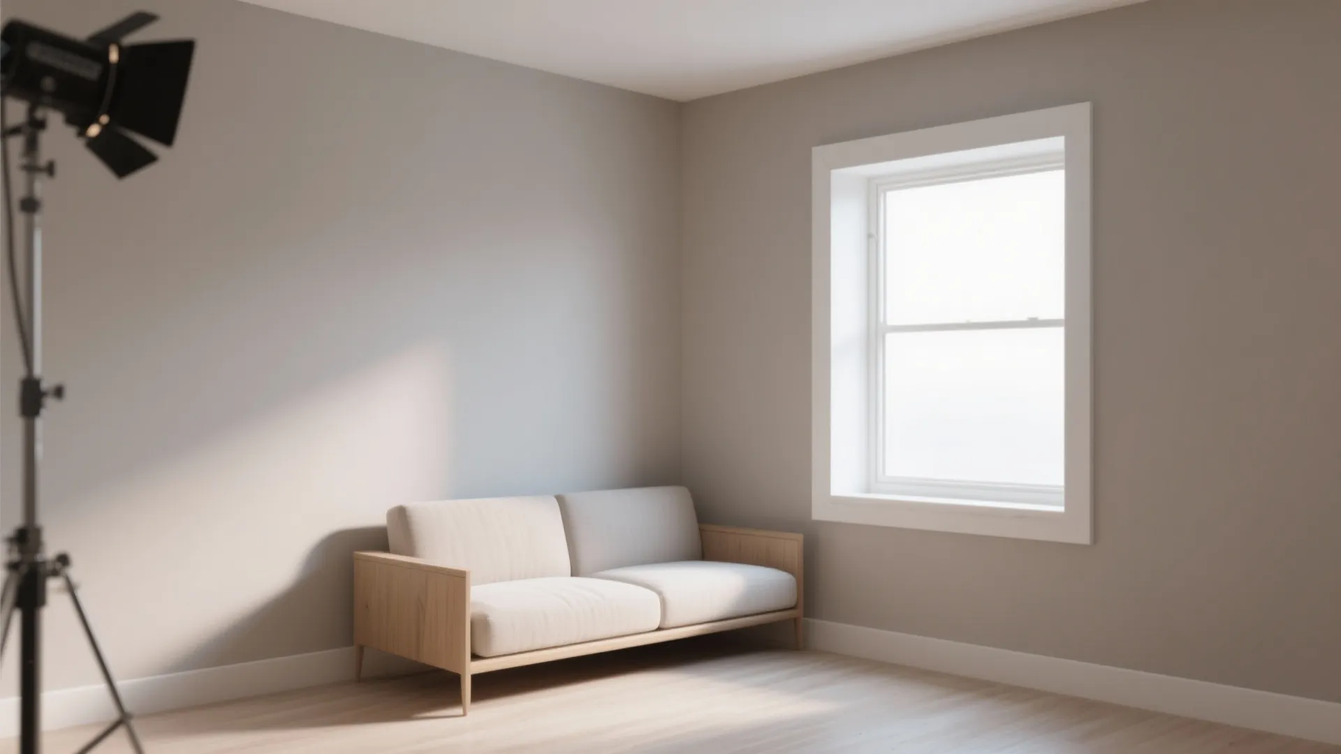 North-facing studio painted soft greige with white trim, light wood accents and diffused daylight.