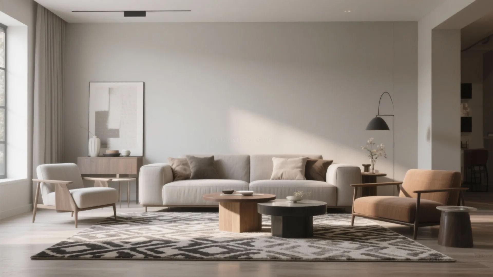 Modern living room featuring neutral sofa, coffee tables, patterned rug, armchairs, and black floor lamp