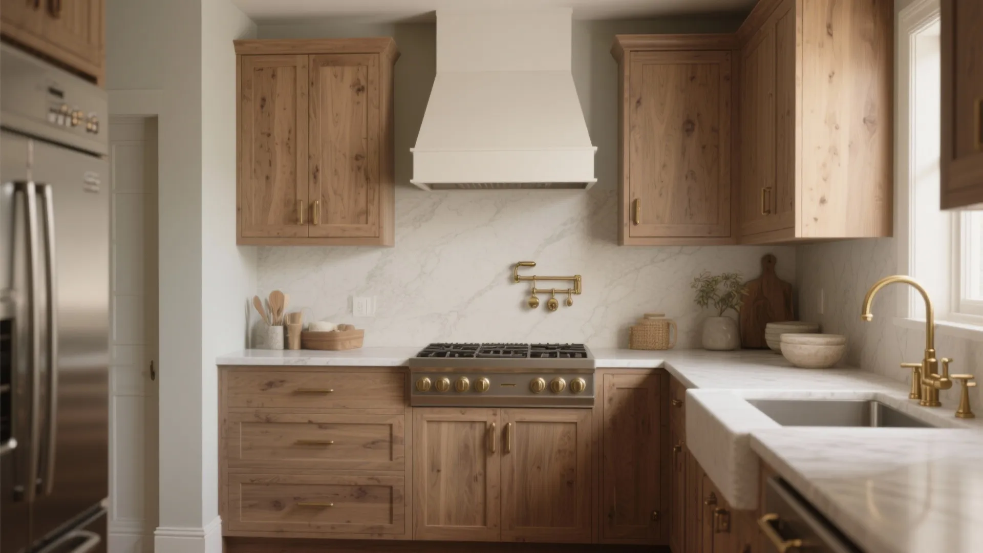 Warm kitchen scene with soft greige walls paired with wood countertops and brass accents for a cozy look.