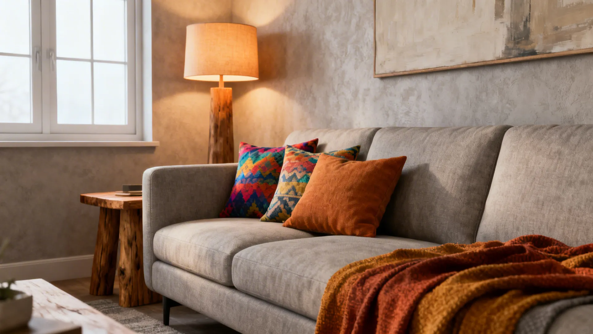 Modern grey sofa with colorful pillows next to a tall wooden floor lamp and window